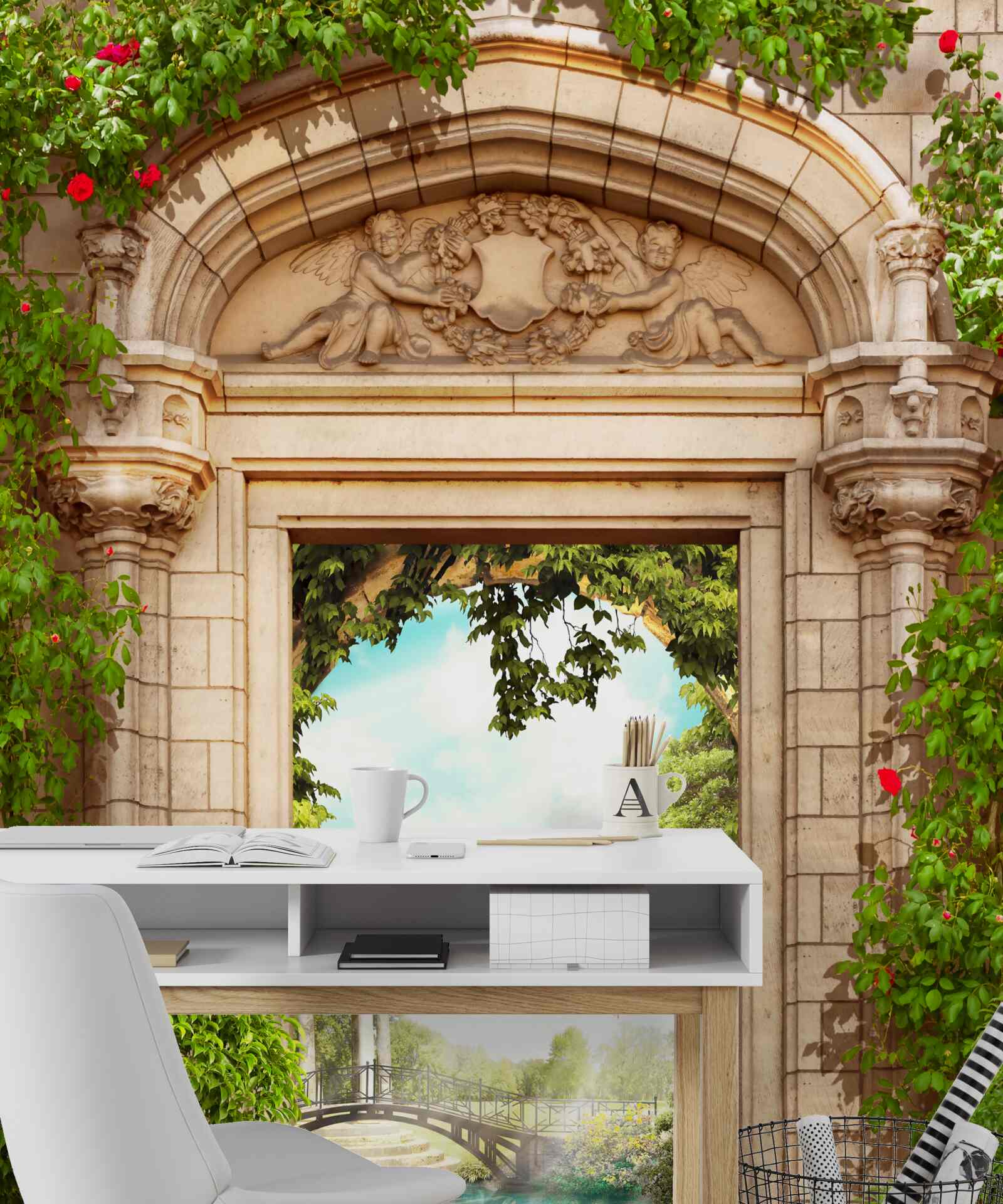 Fototapet panoramă a foișorului și a lacului cu lebede, cu deschidere dinspre arc