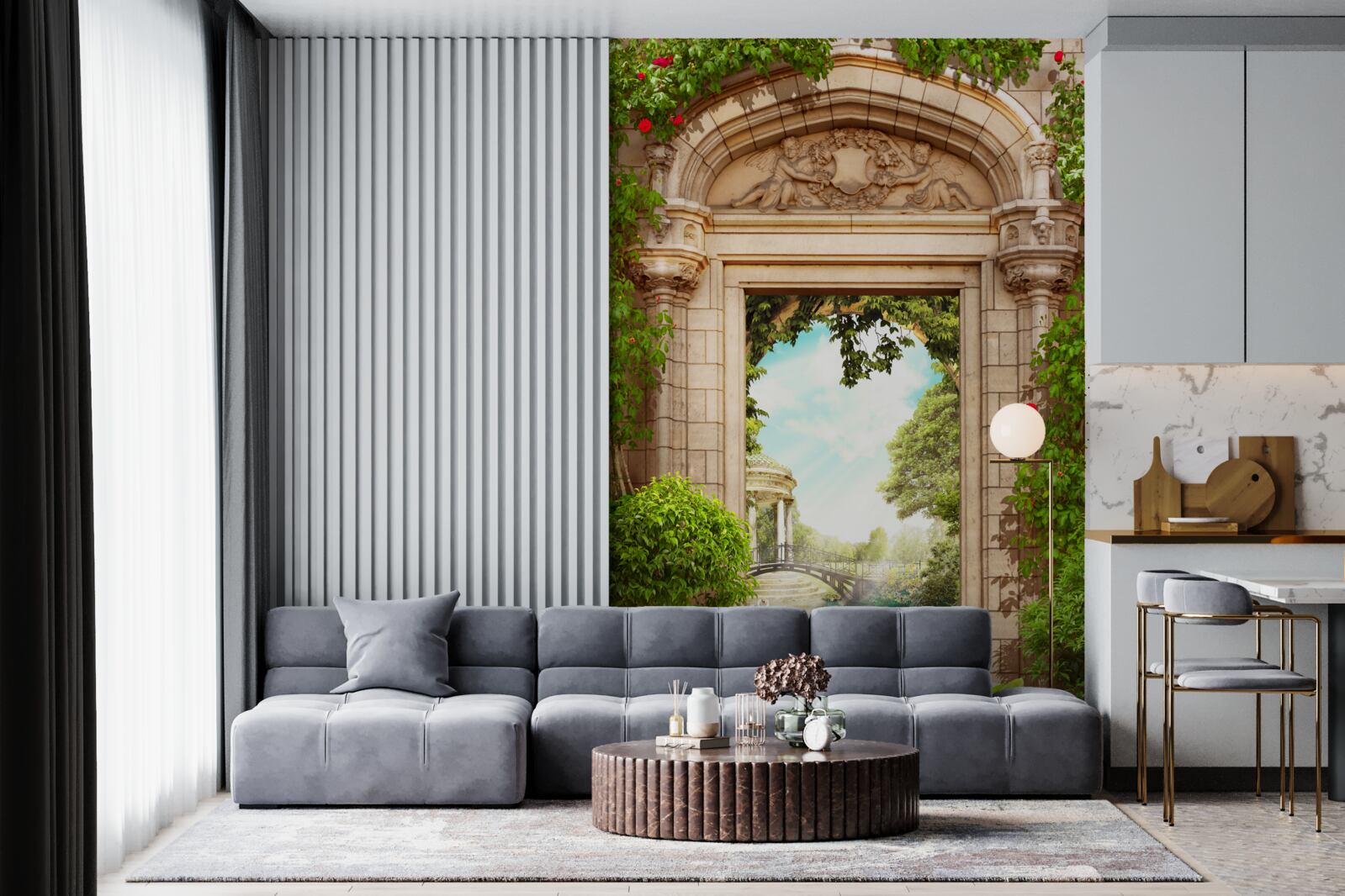 Fototapet panoramă a foișorului și a lacului cu lebede, cu deschidere dinspre arc