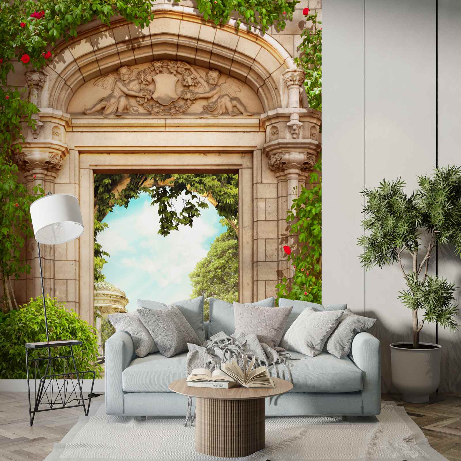 Fototapet panoramă a foișorului și a lacului cu lebede, cu deschidere dinspre arc