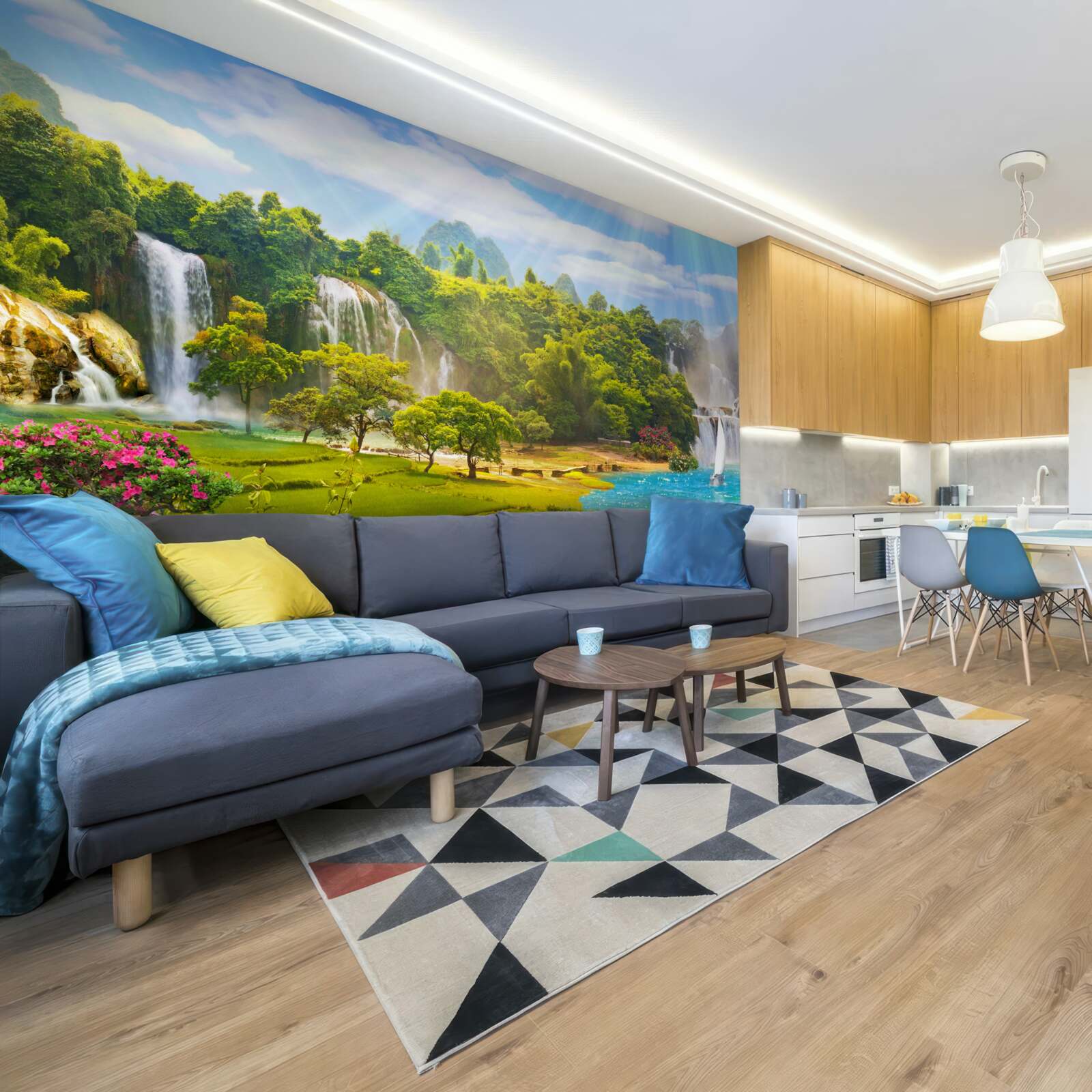 Fototapet bărci lângă cascade de apă