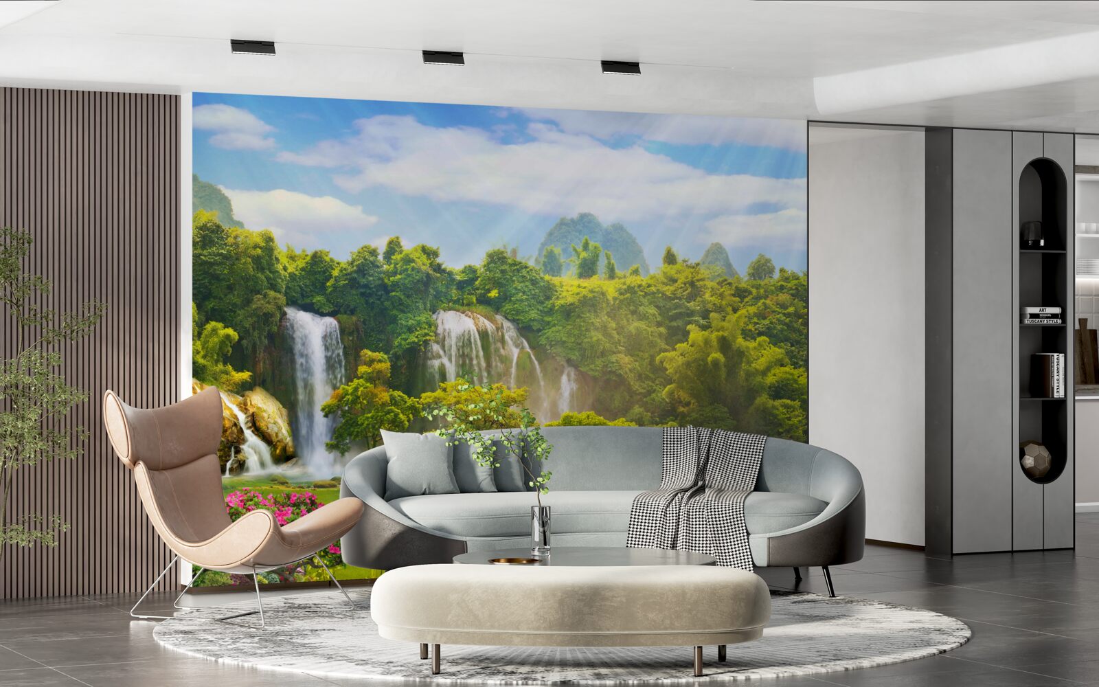 Fototapet bărci lângă cascade de apă