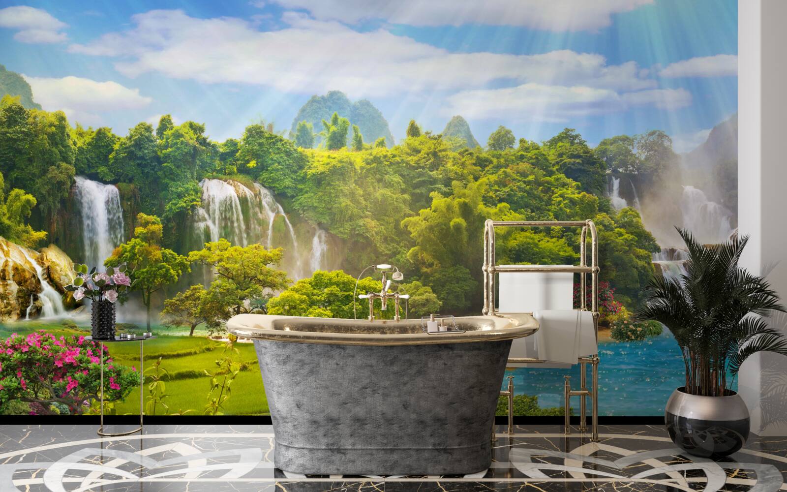 Fototapet bărci lângă cascade de apă