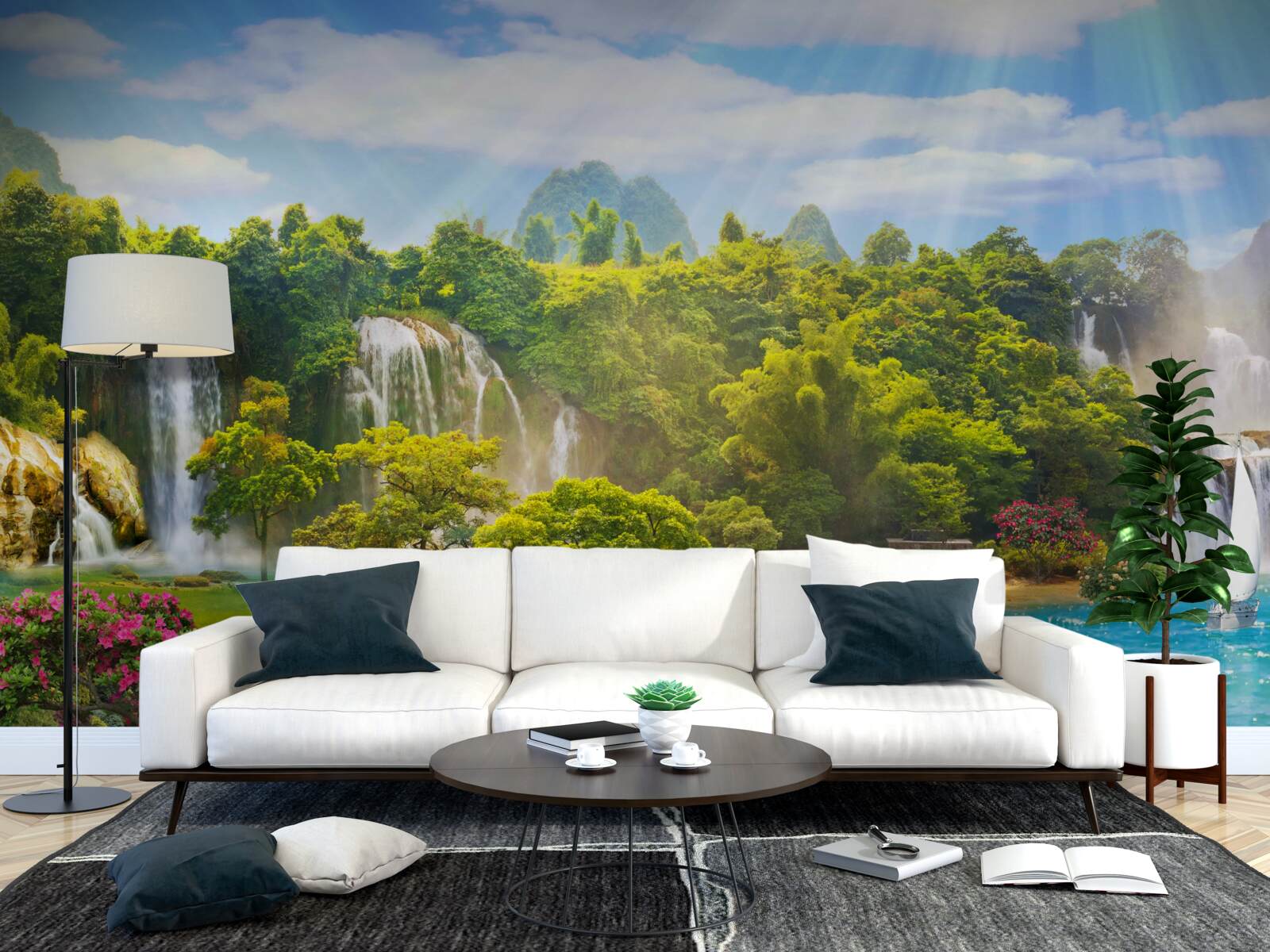 Fototapet bărci lângă cascade de apă