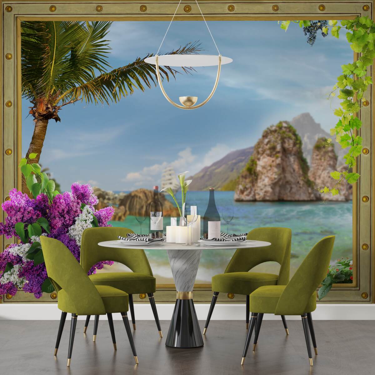 Fototapet nava este înconjurată de stânci