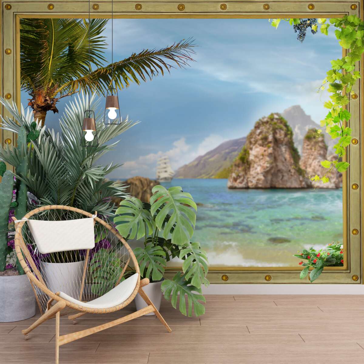 Fototapet nava este înconjurată de stânci