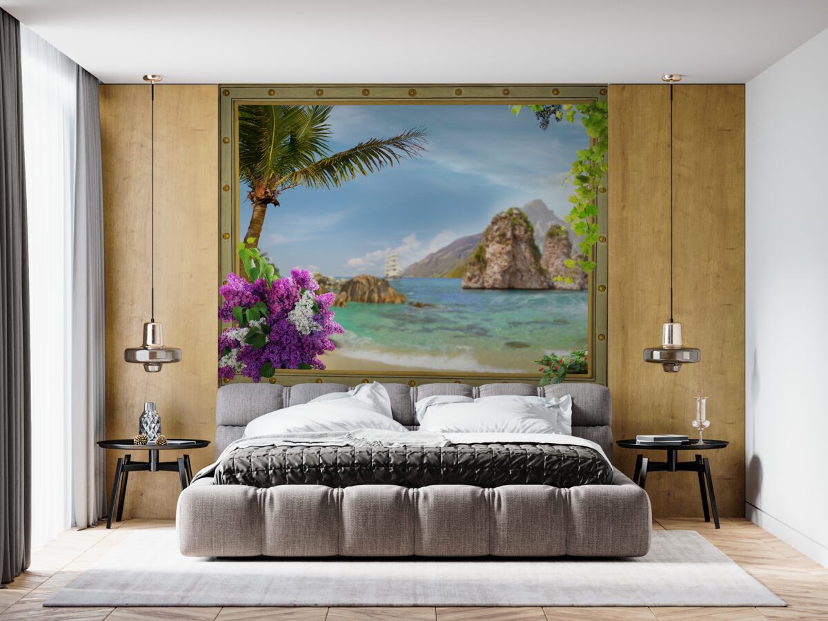 Fototapet nava este înconjurată de stânci