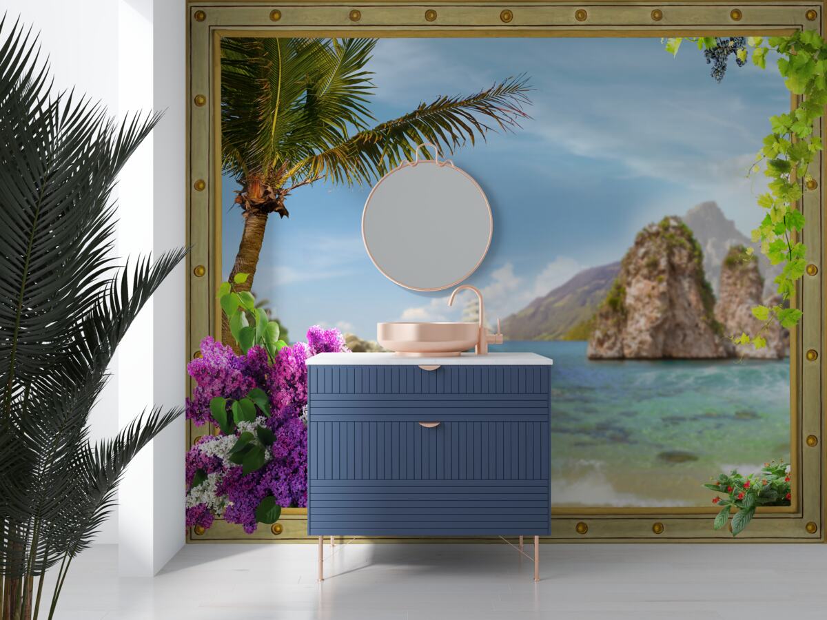 Fototapet nava este înconjurată de stânci