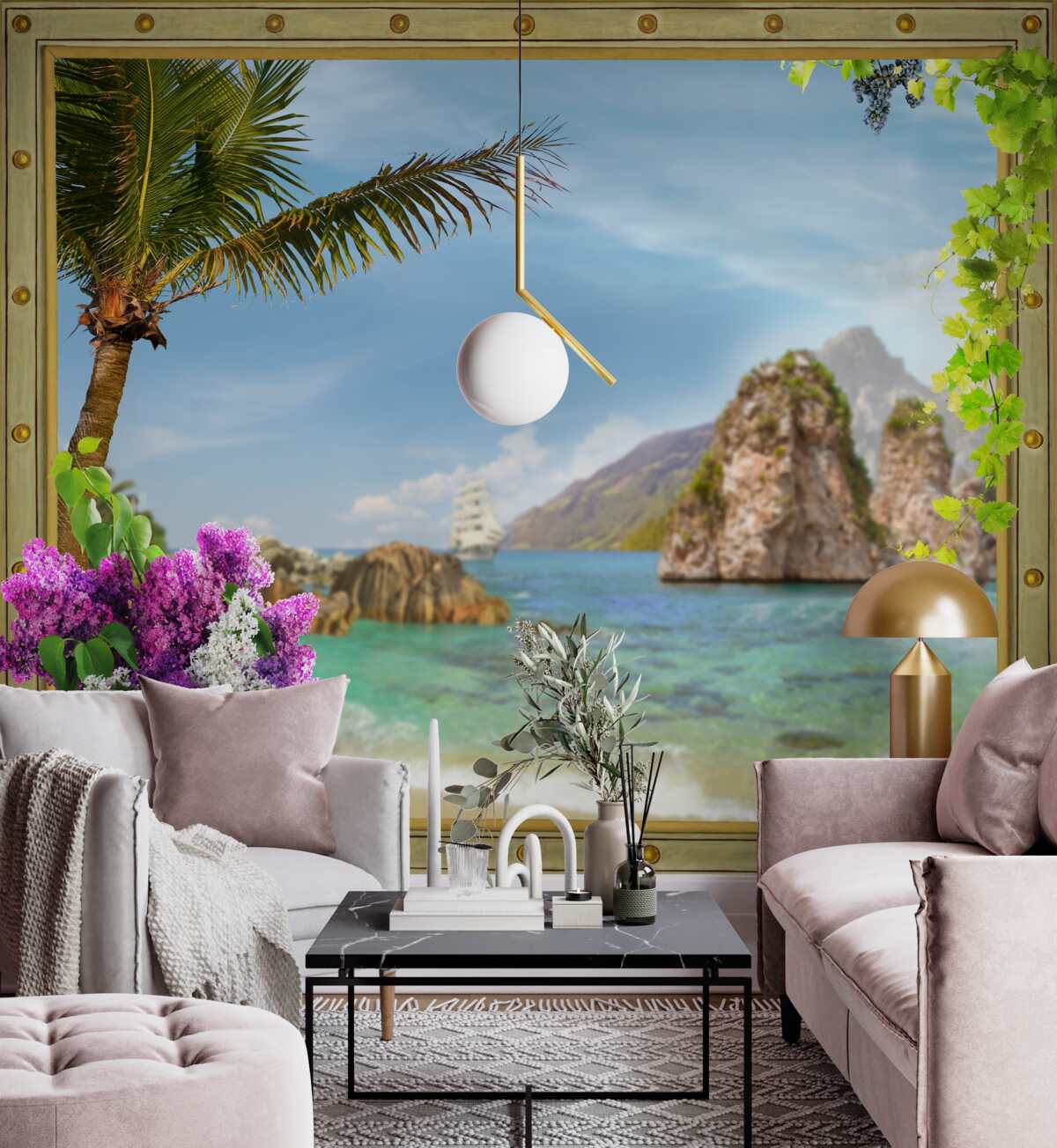 Fototapet nava este înconjurată de stânci