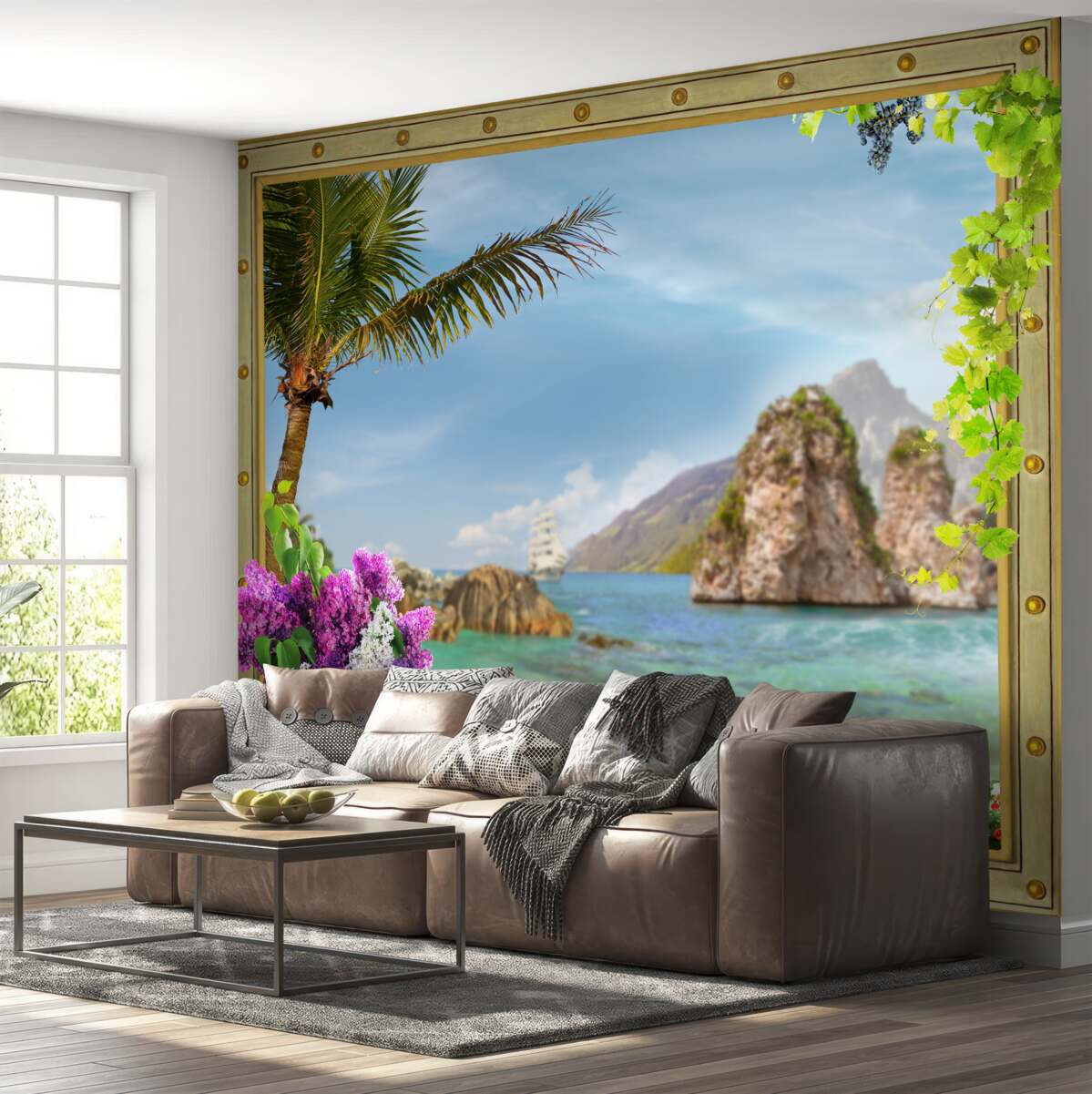 Fototapet nava este înconjurată de stânci