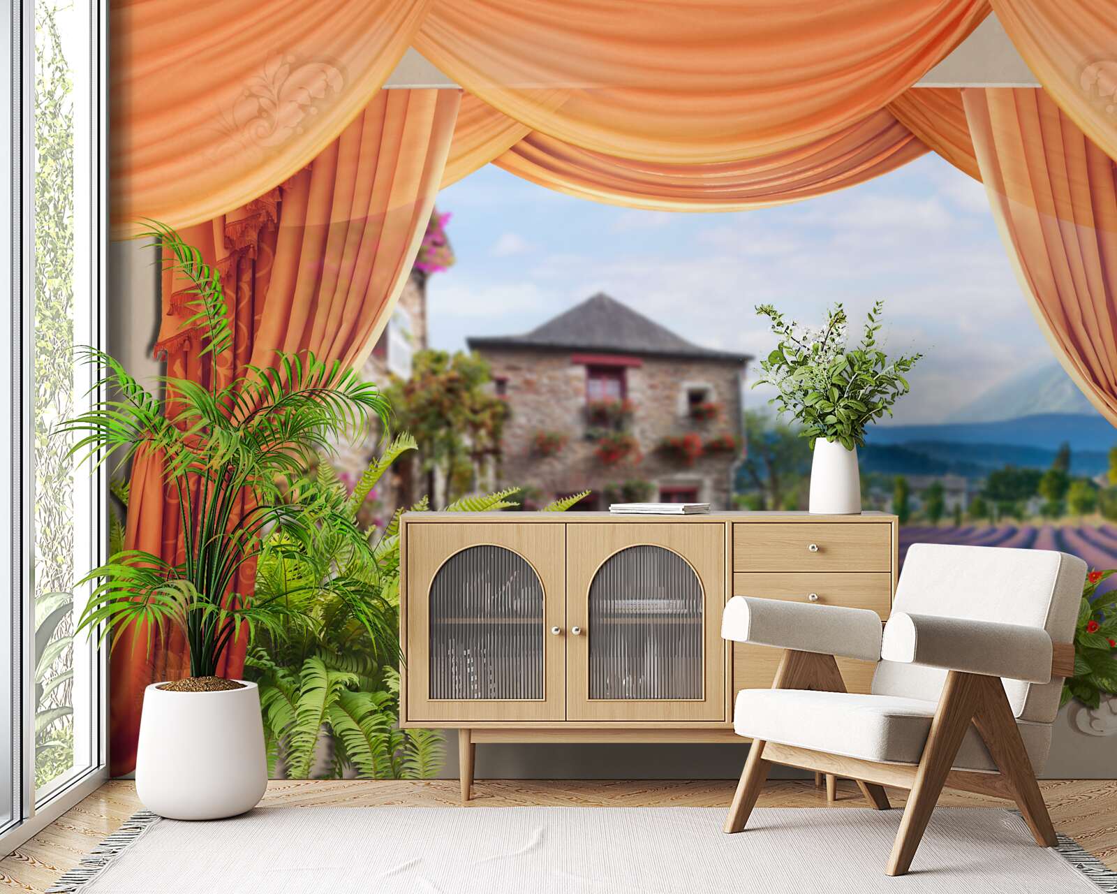 Fototapet panoramă a deschiderii lavandei de la fereastră