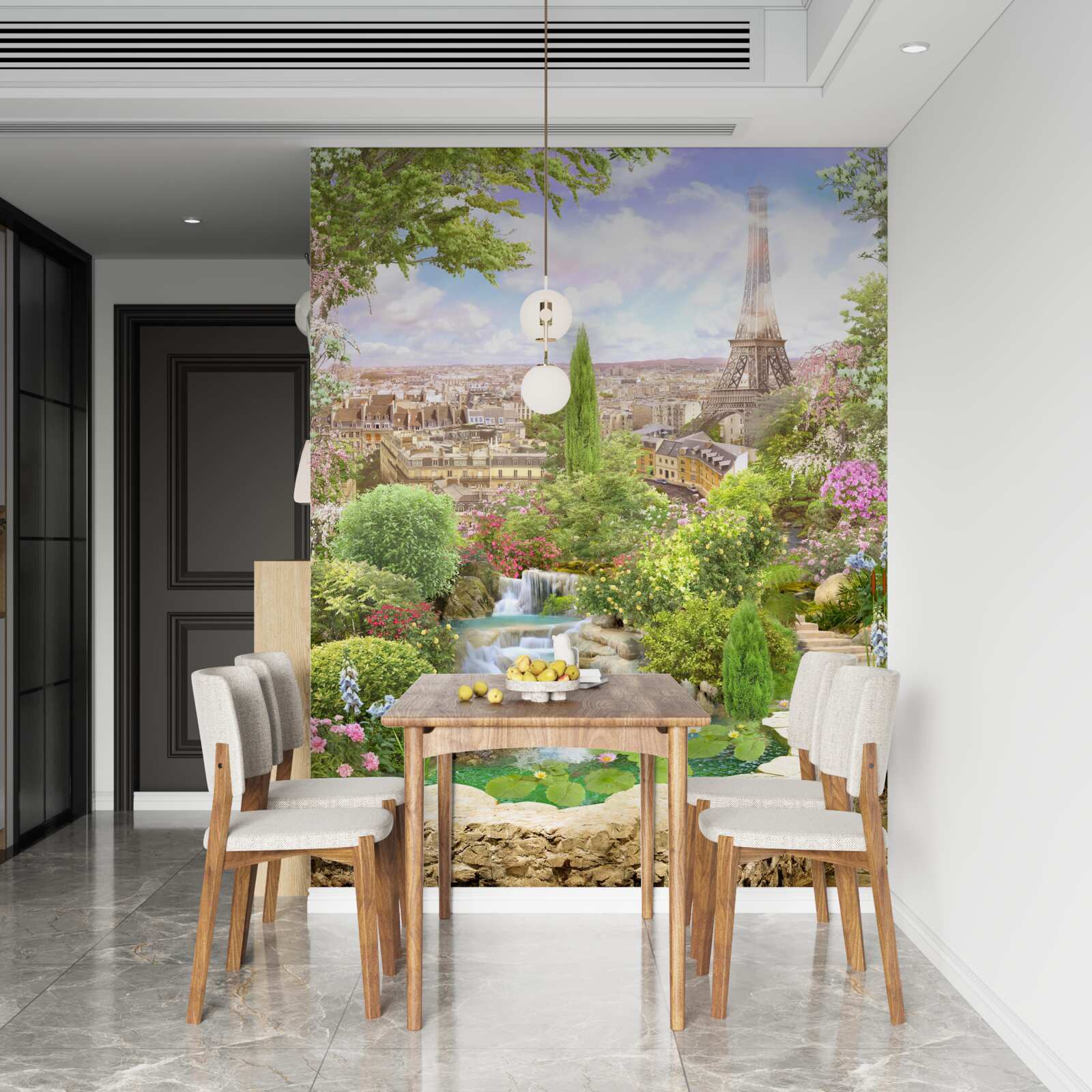 Fototapet grădină înflorită cu vedere la turnul eiffel