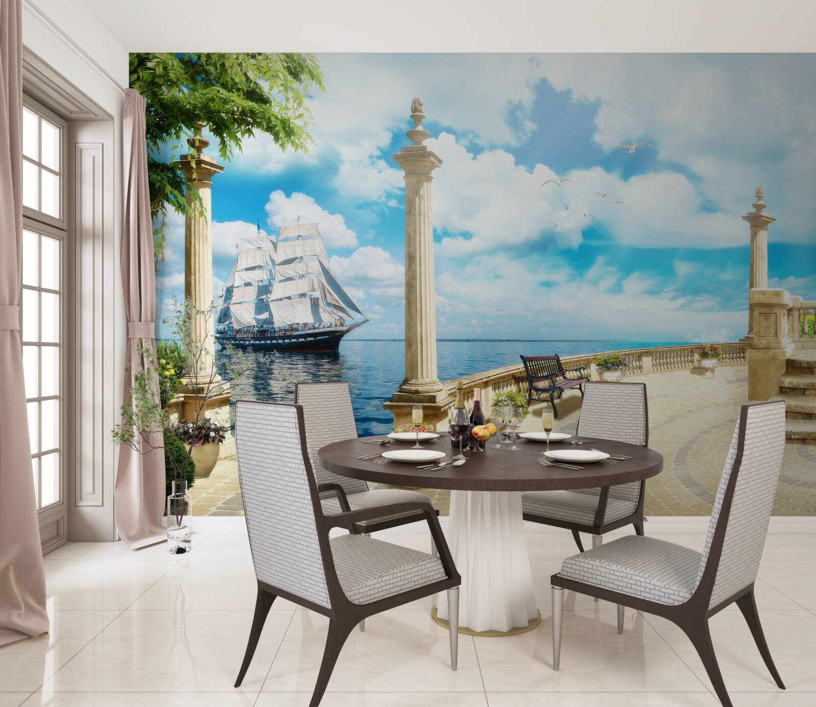 Fototapet o barcă cu pânze se apropie de țărm