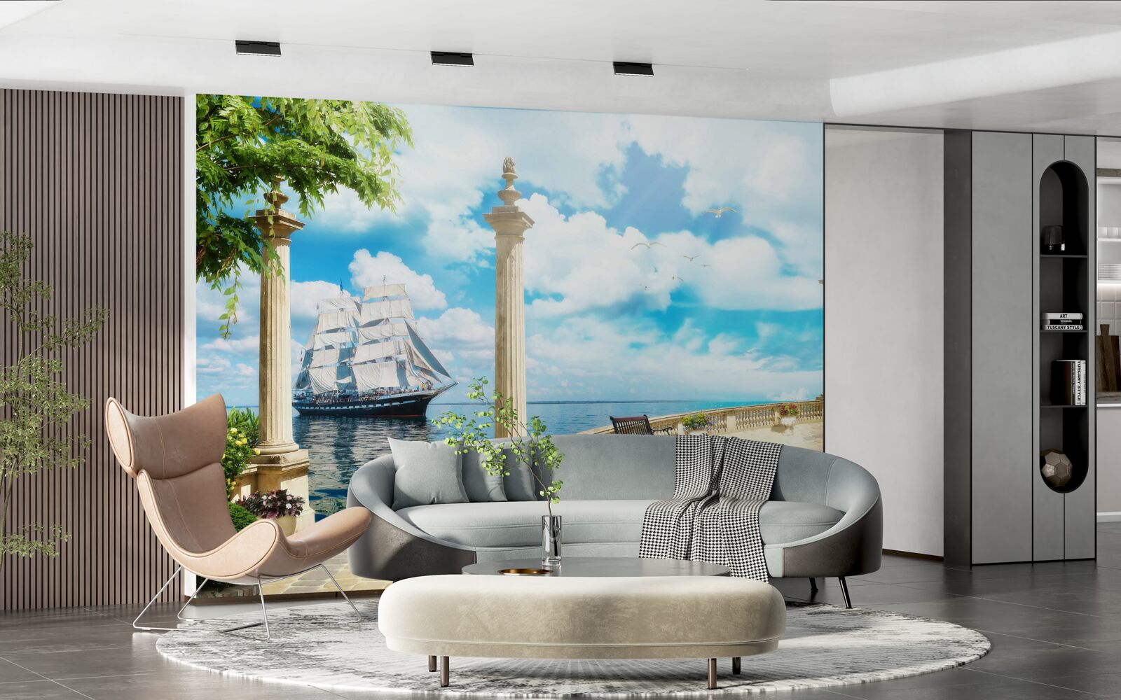 Fototapet o barcă cu pânze se apropie de țărm