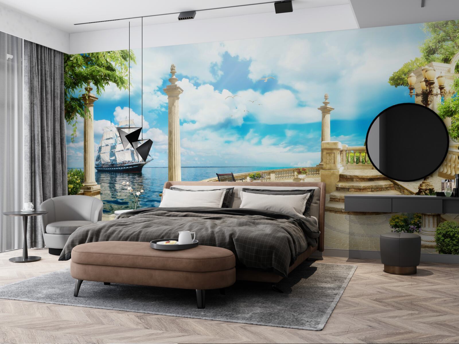 Fototapet o barcă cu pânze se apropie de țărm