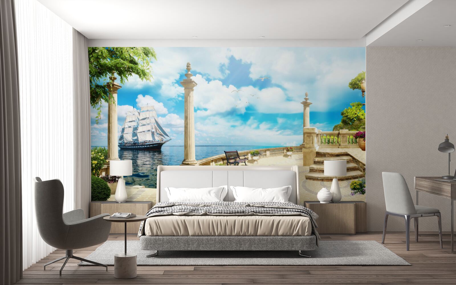 Fototapet o barcă cu pânze se apropie de țărm