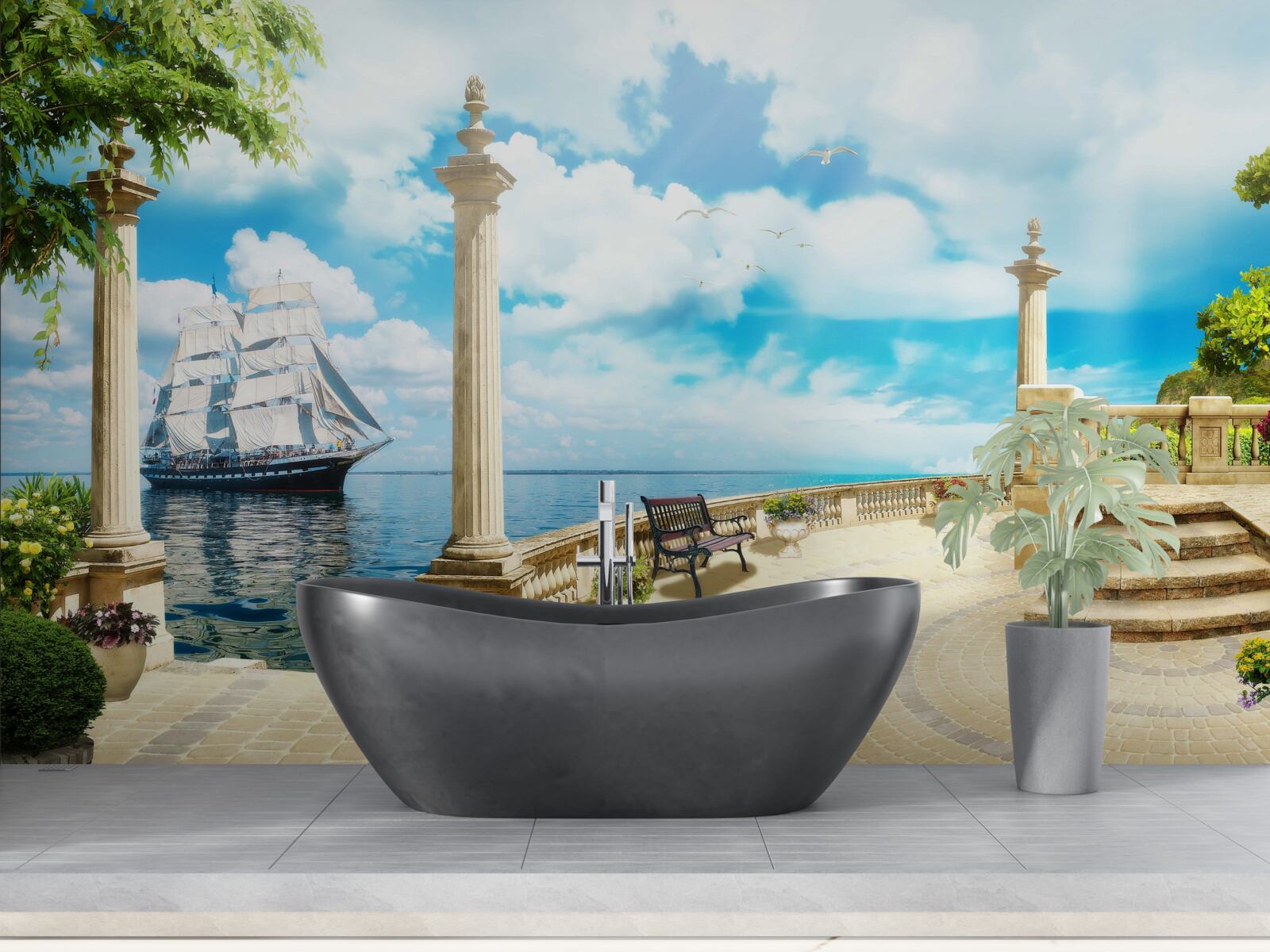 Fototapet o barcă cu pânze se apropie de țărm