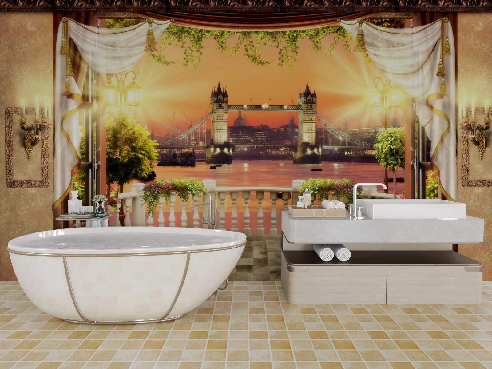 Fototapet vedere la podul Londrei de la balcon seara