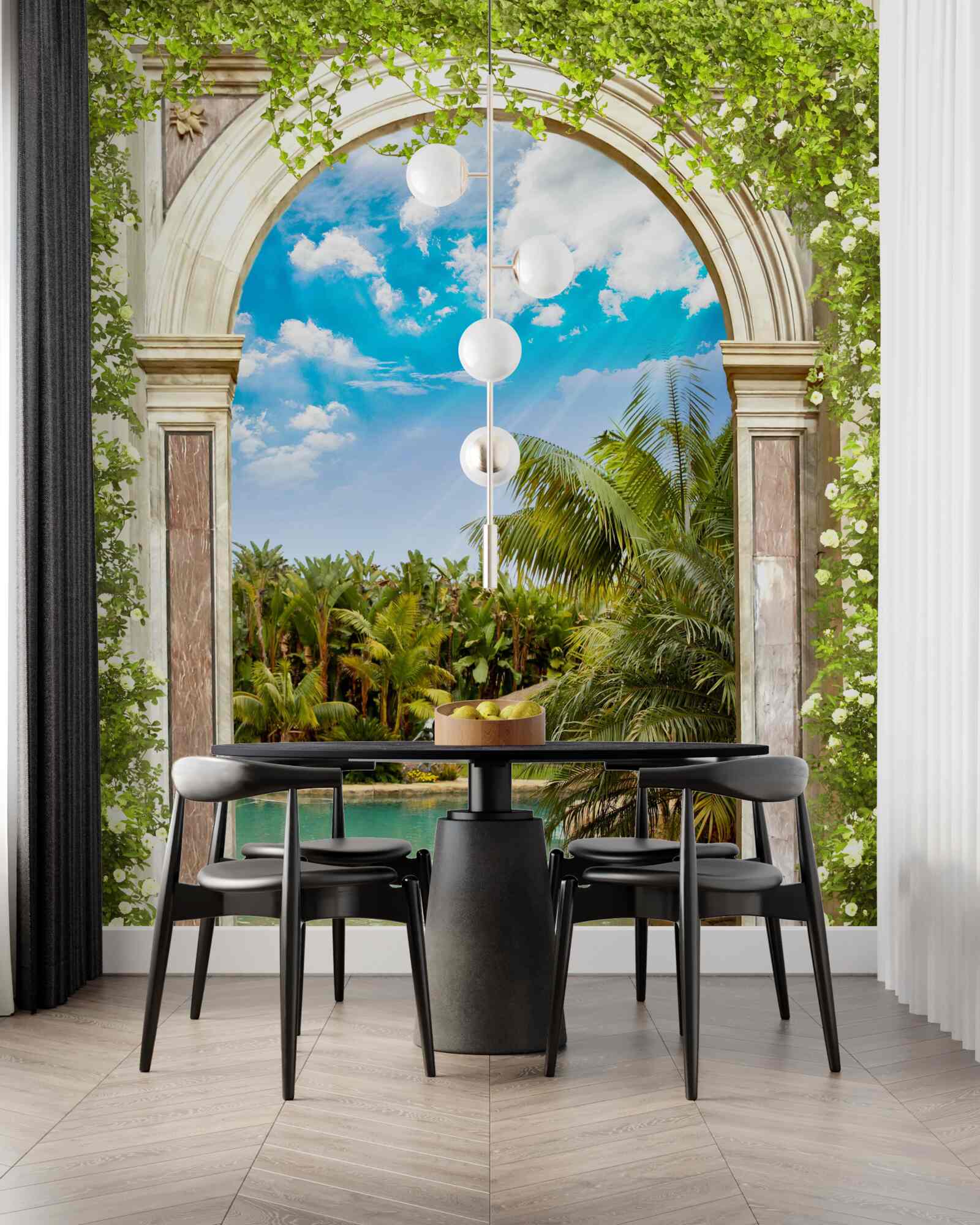 Fototapet vedere la apă și palmieri prin arc