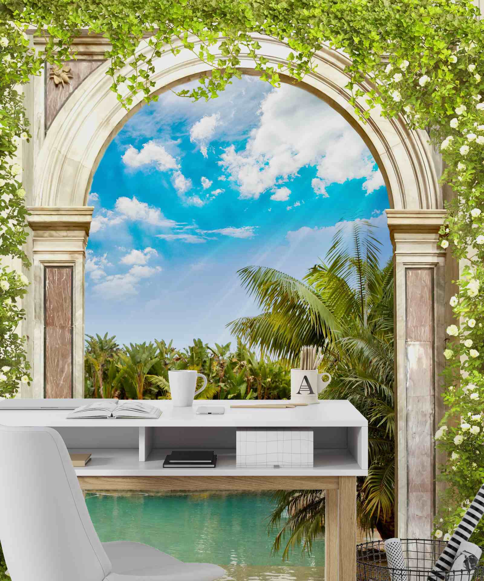 Fototapet vedere la apă și palmieri prin arc