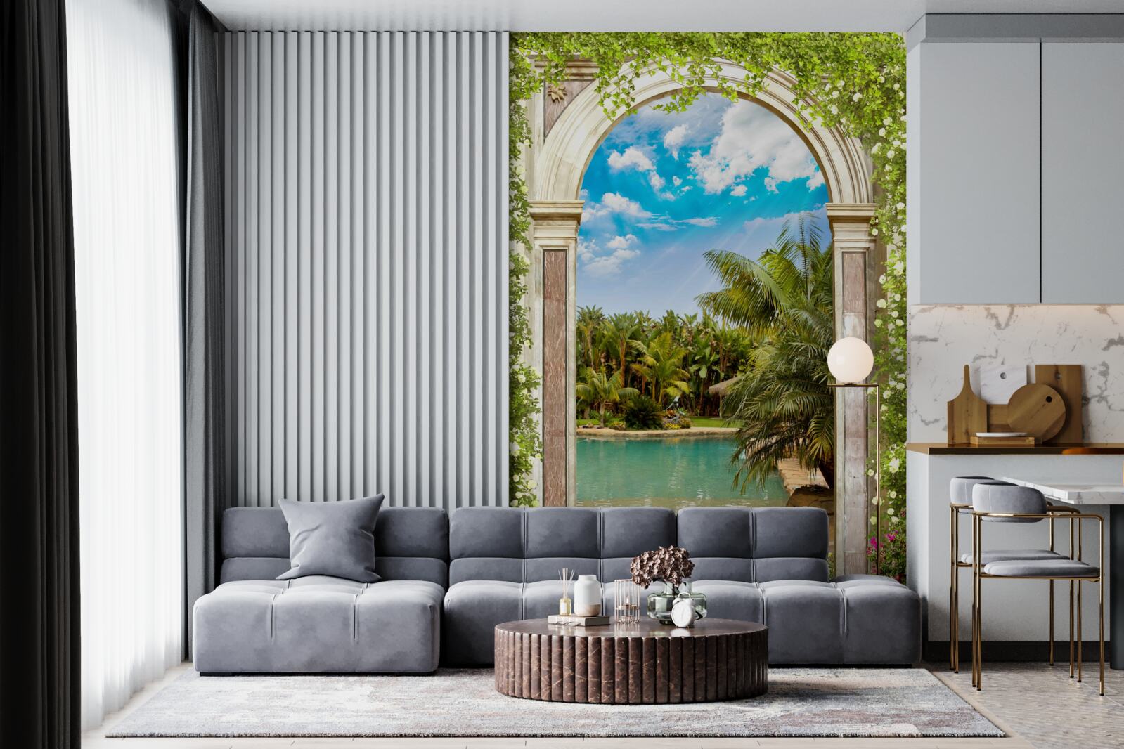 Fototapet vedere la apă și palmieri prin arc