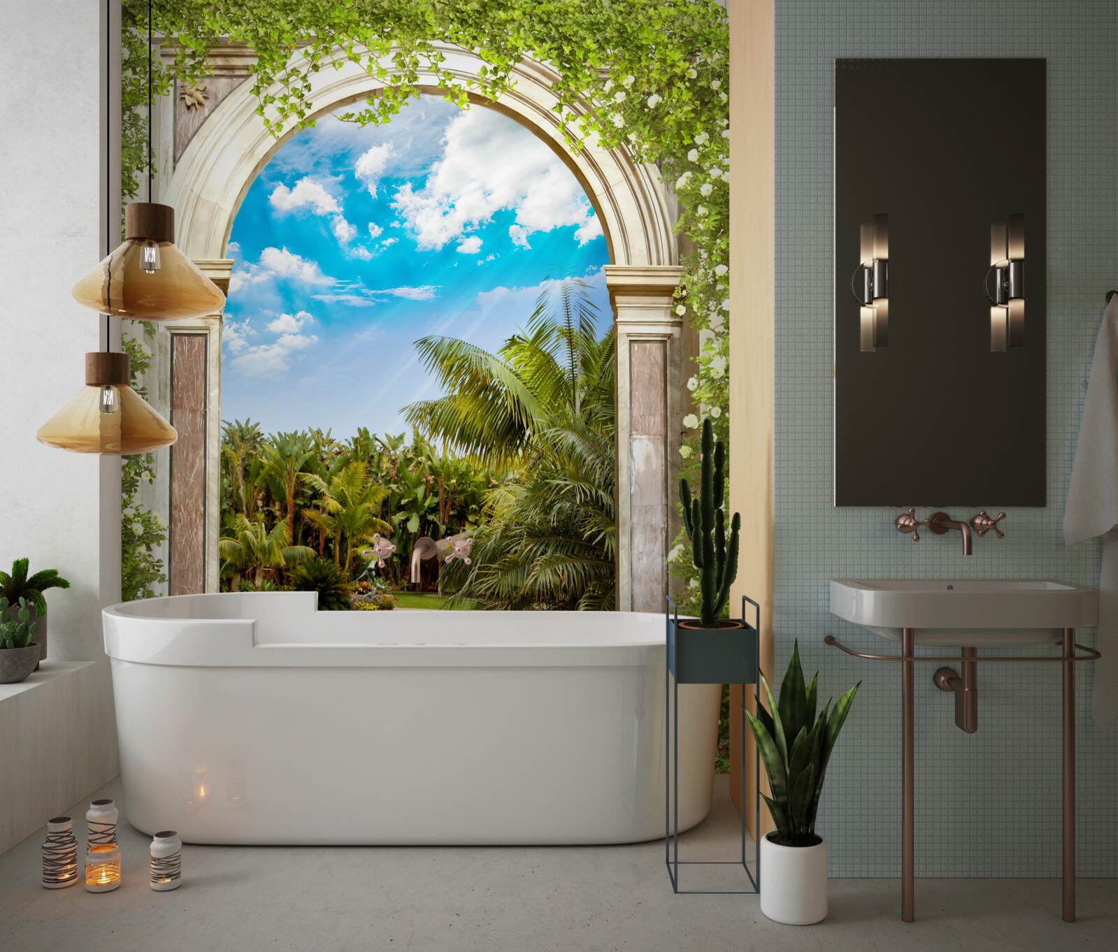 Fototapet vedere la apă și palmieri prin arc