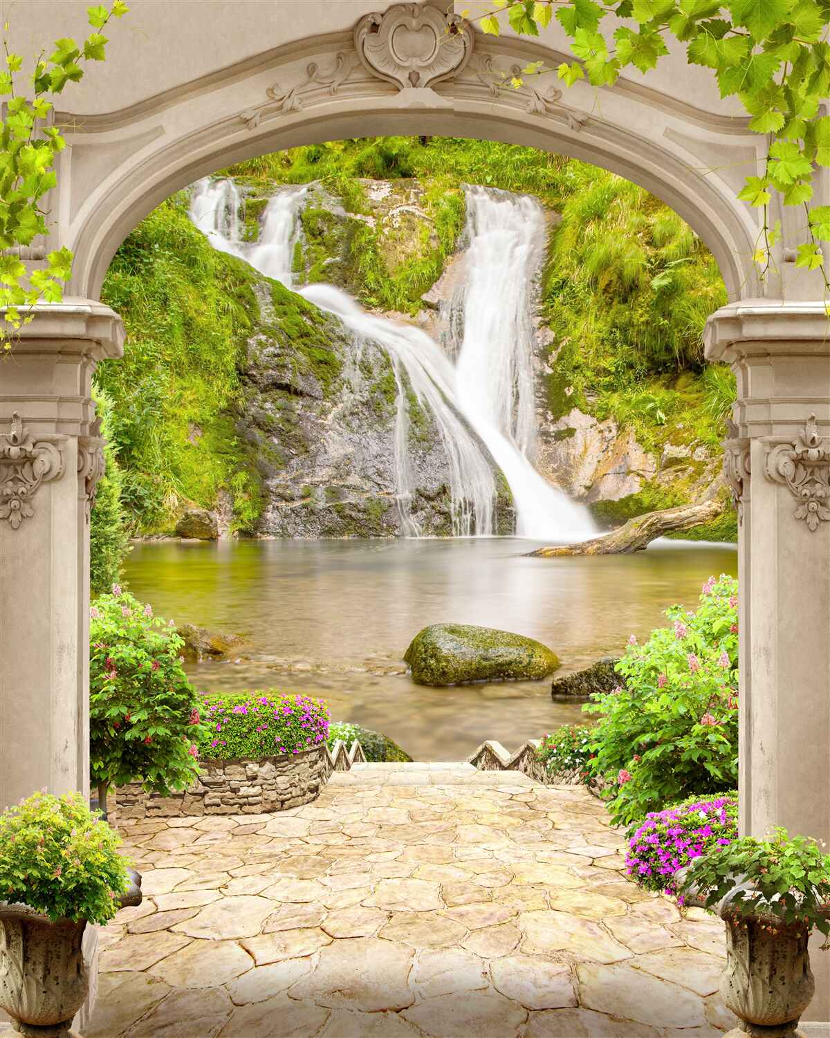 Fototapet trecere pe sub arc spre cascadă