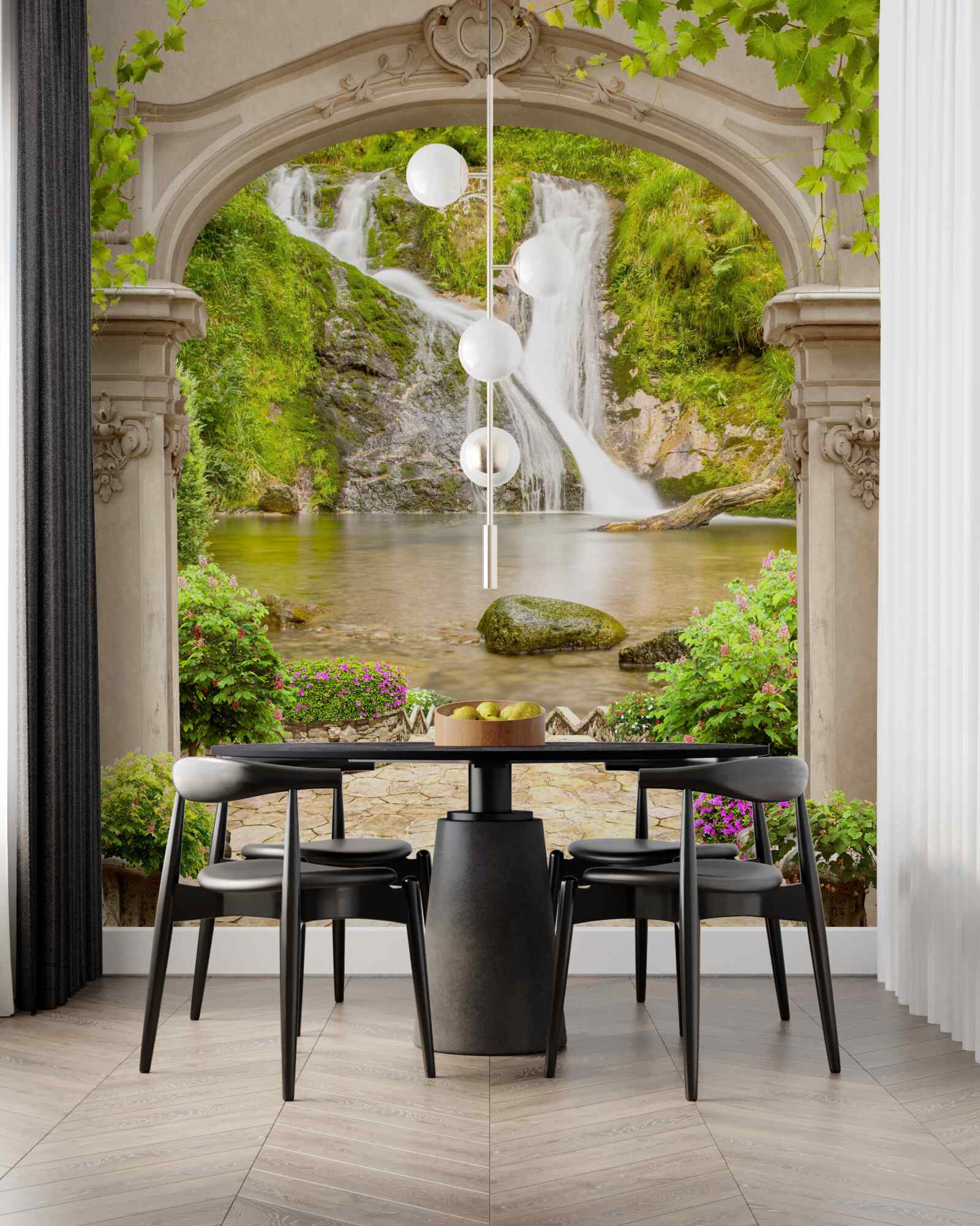 Fototapet trecere pe sub arc spre cascadă