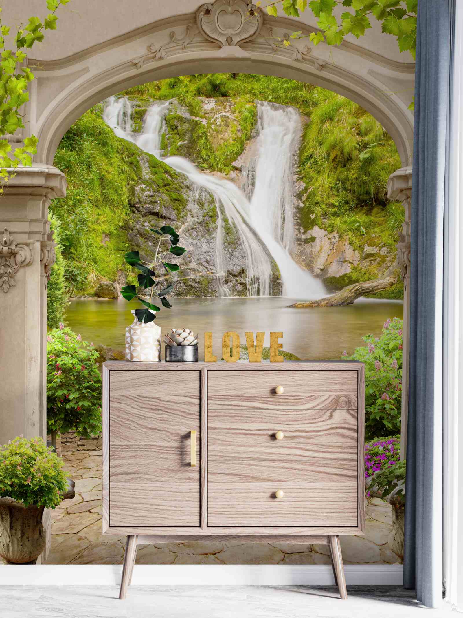 Fototapet trecere pe sub arc spre cascadă