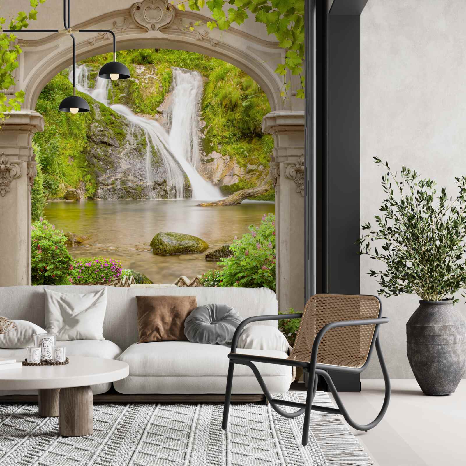 Fototapet trecere pe sub arc spre cascadă