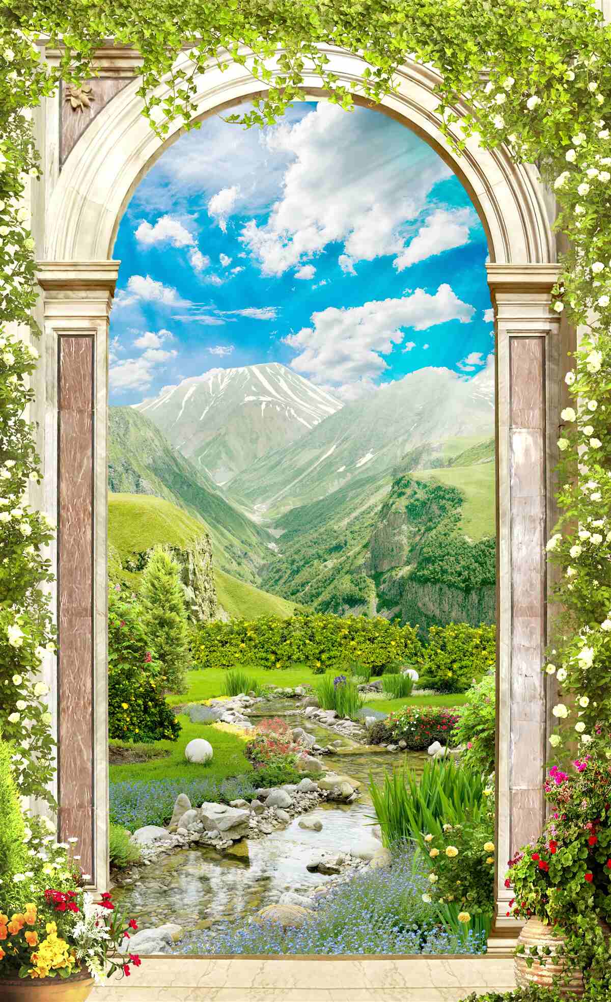 Fototapet arc cu vedere la râu și munți