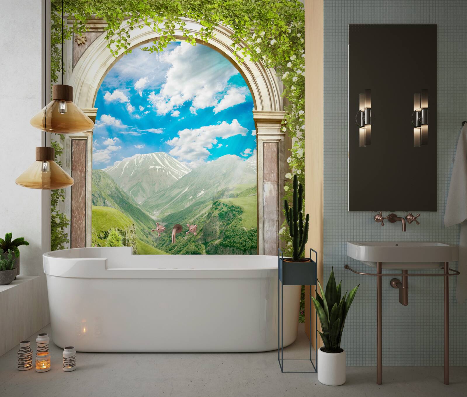 Fototapet arc cu vedere la râu și munți