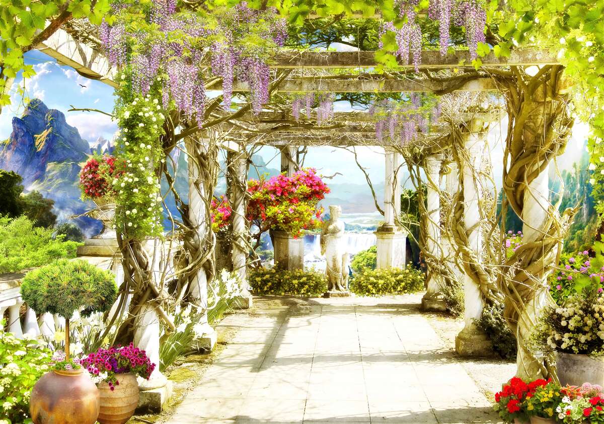 Fototapet terasă grecească scăldată în flori