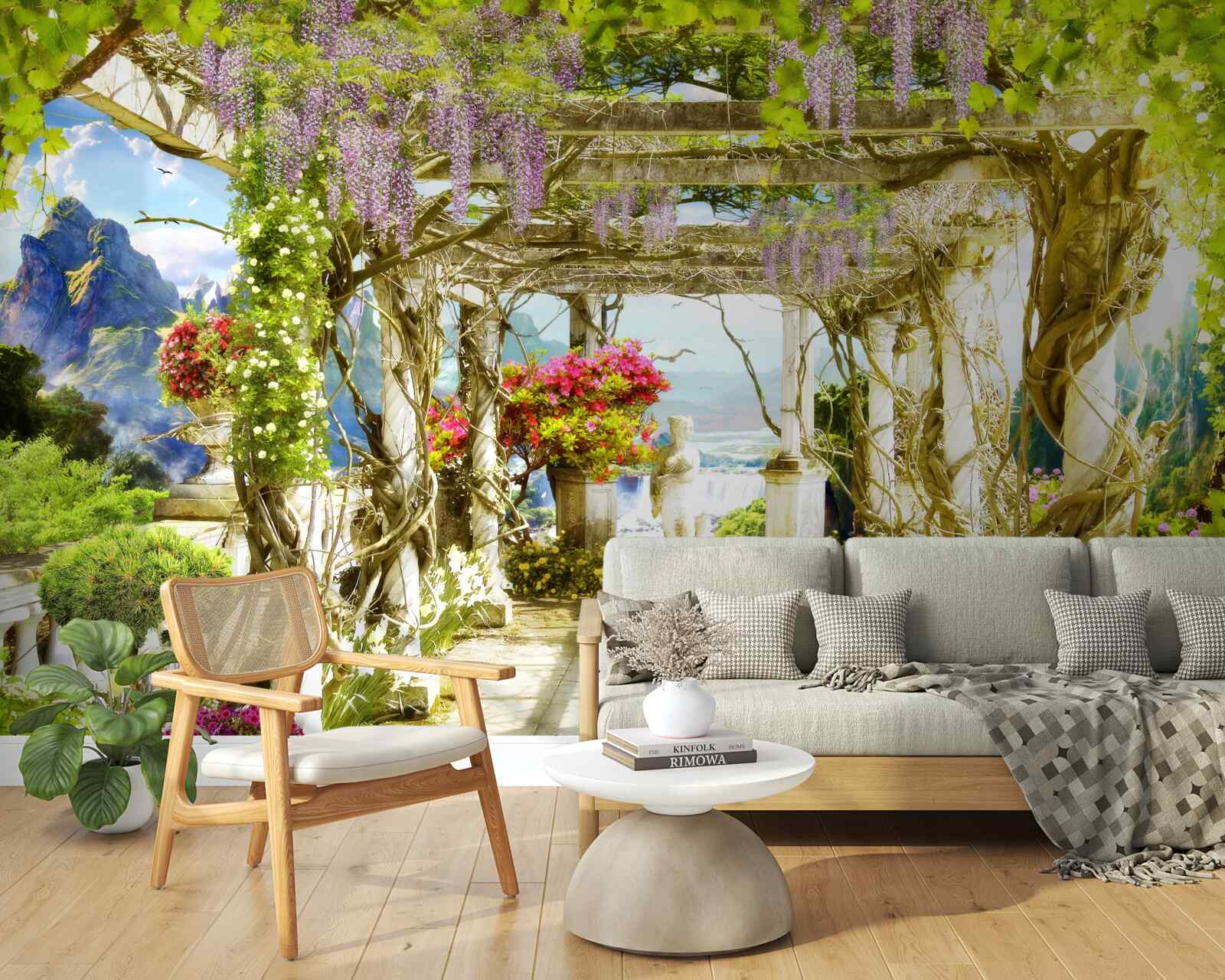 Fototapet terasă grecească scăldată în flori