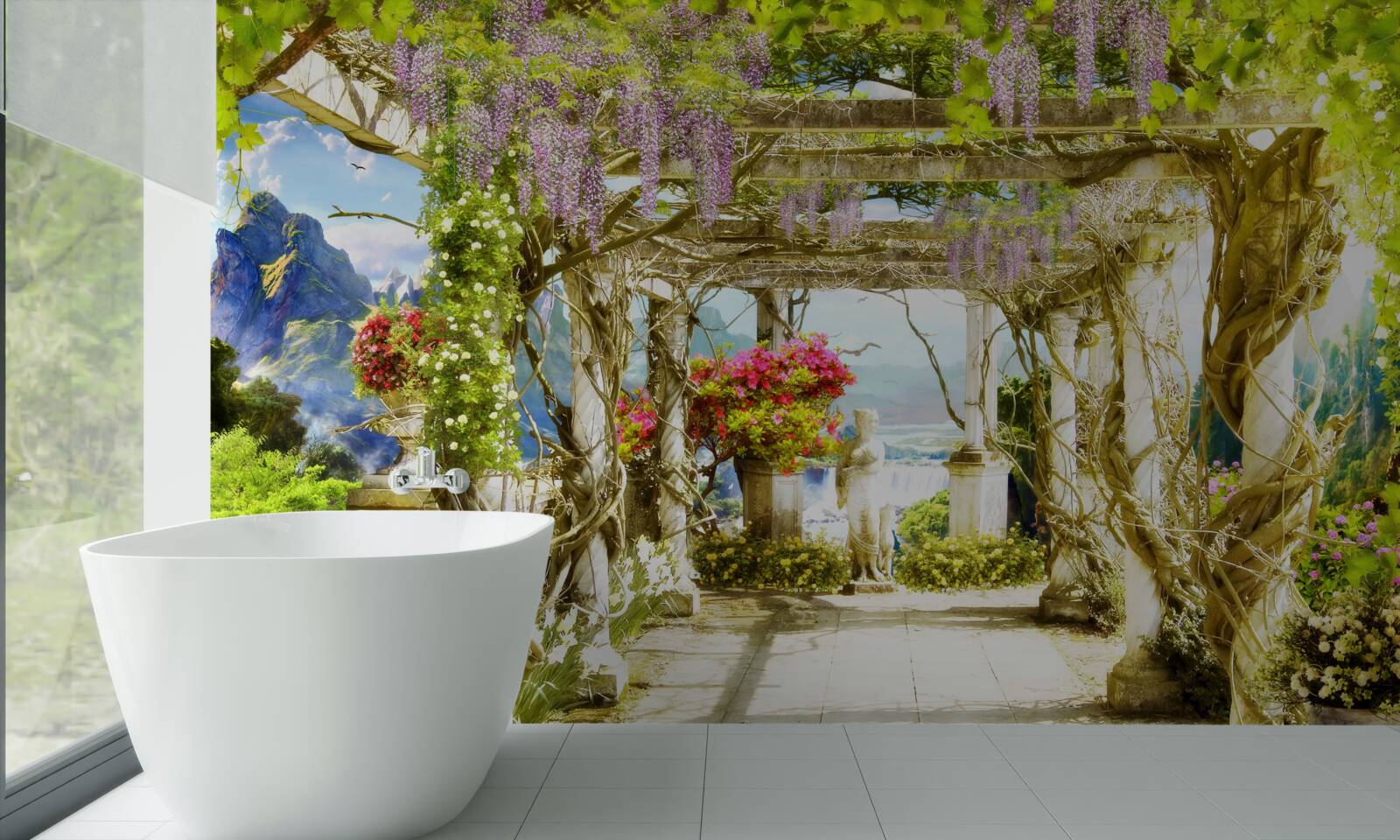 Fototapet terasă grecească scăldată în flori