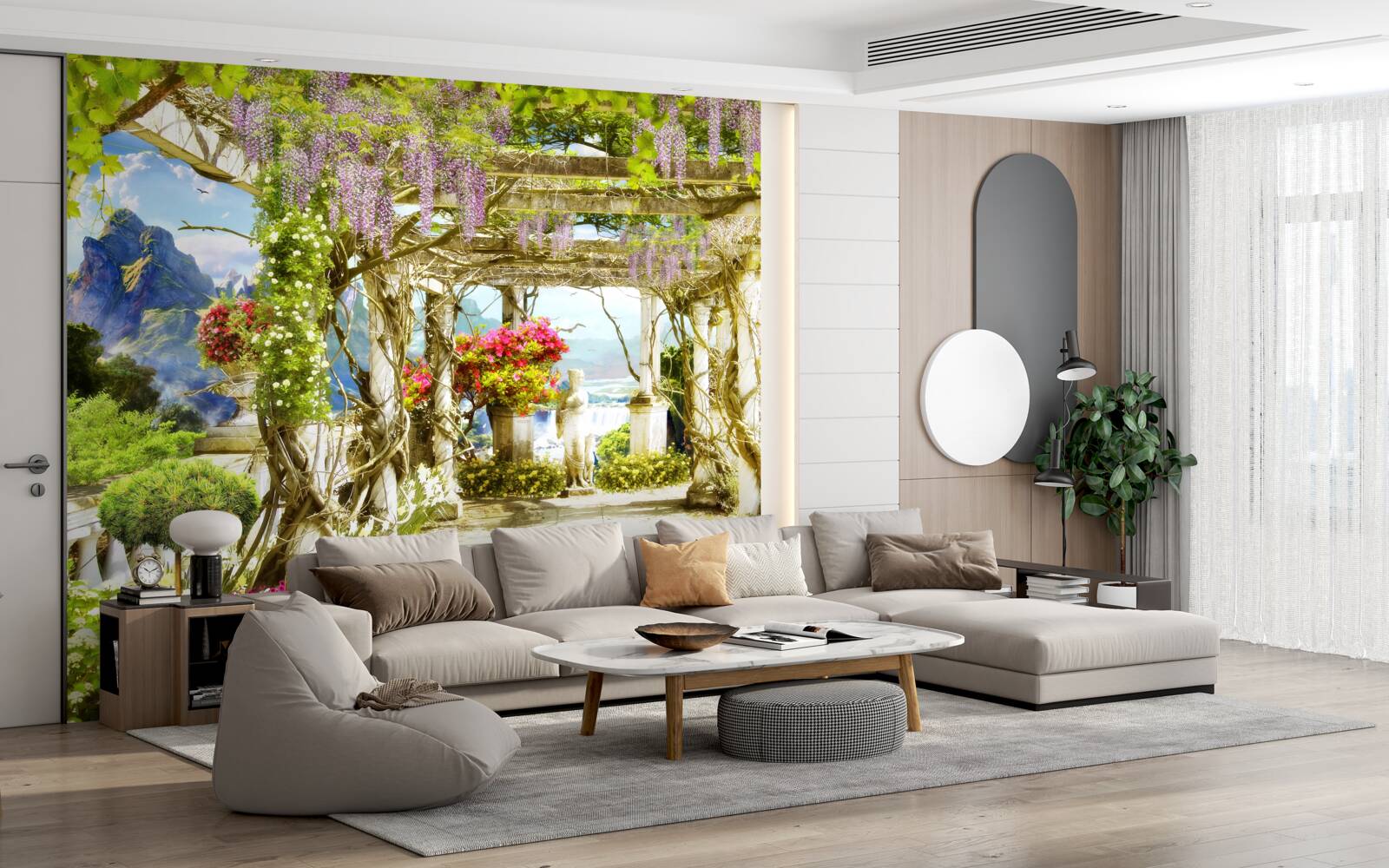 Fototapet terasă grecească scăldată în flori