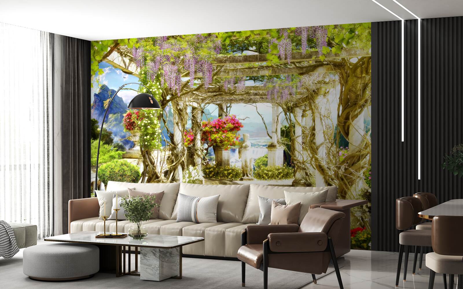 Fototapet terasă grecească scăldată în flori