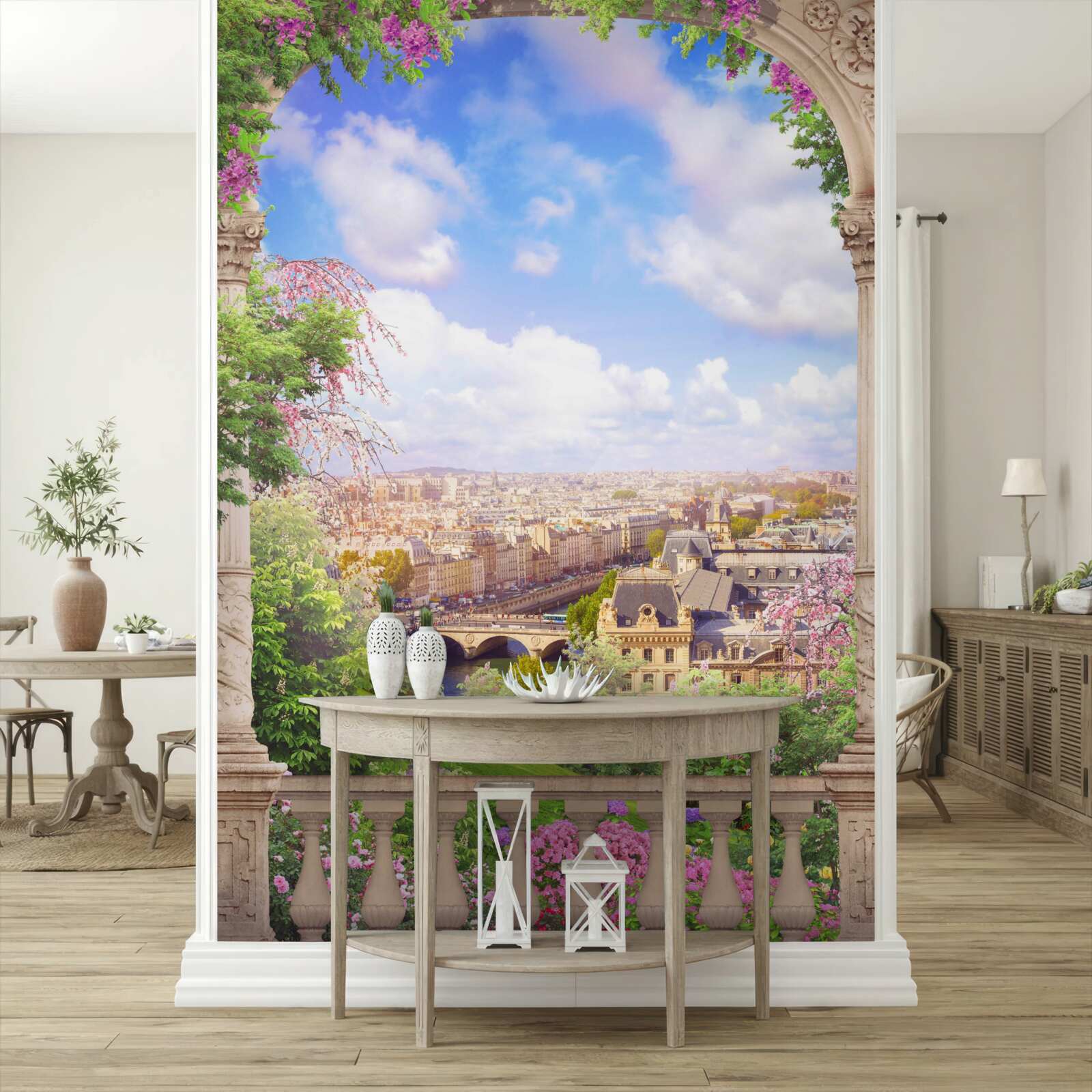 Fototapet panoramă a orașului de la un balcon înflorit