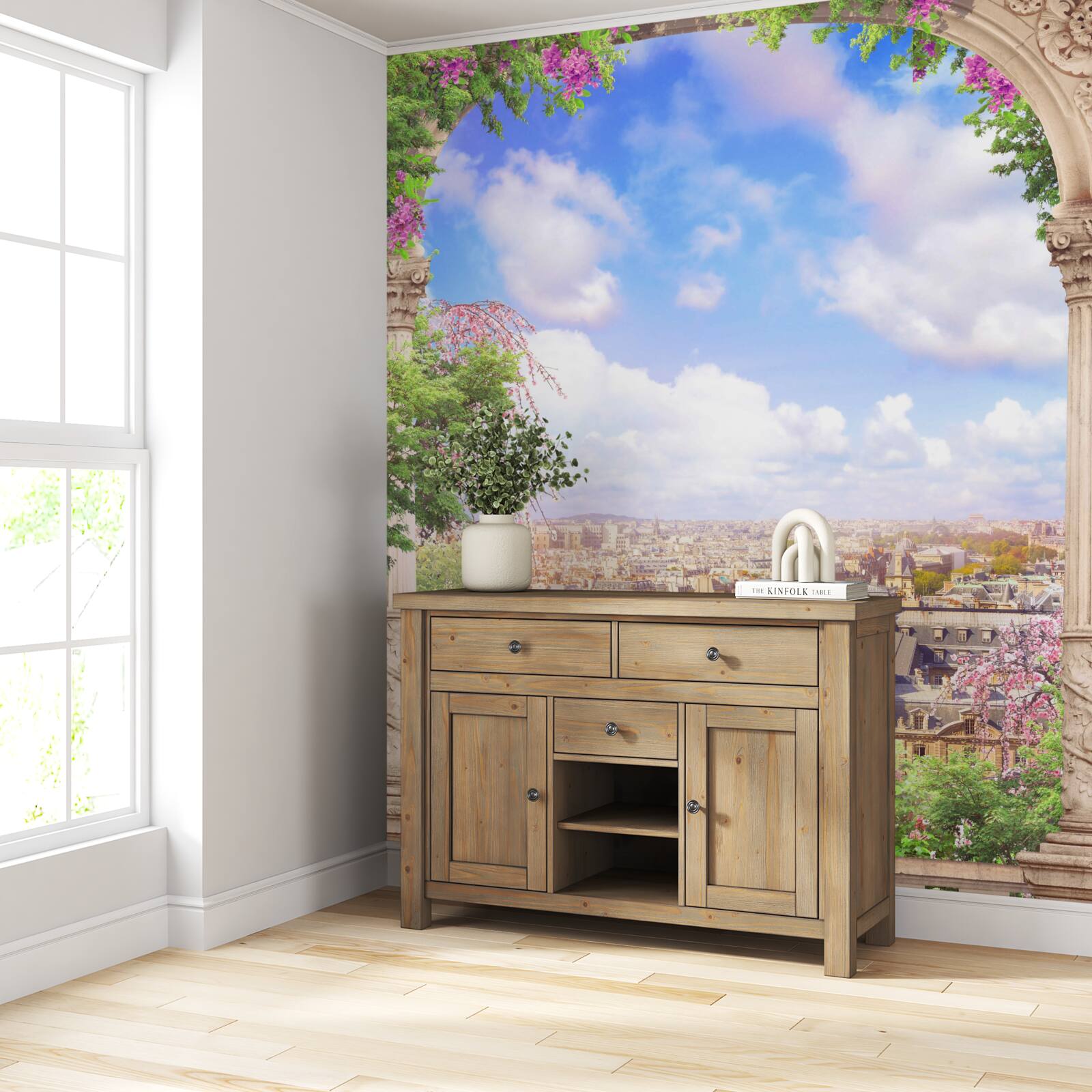 Fototapet panoramă a orașului de la un balcon înflorit