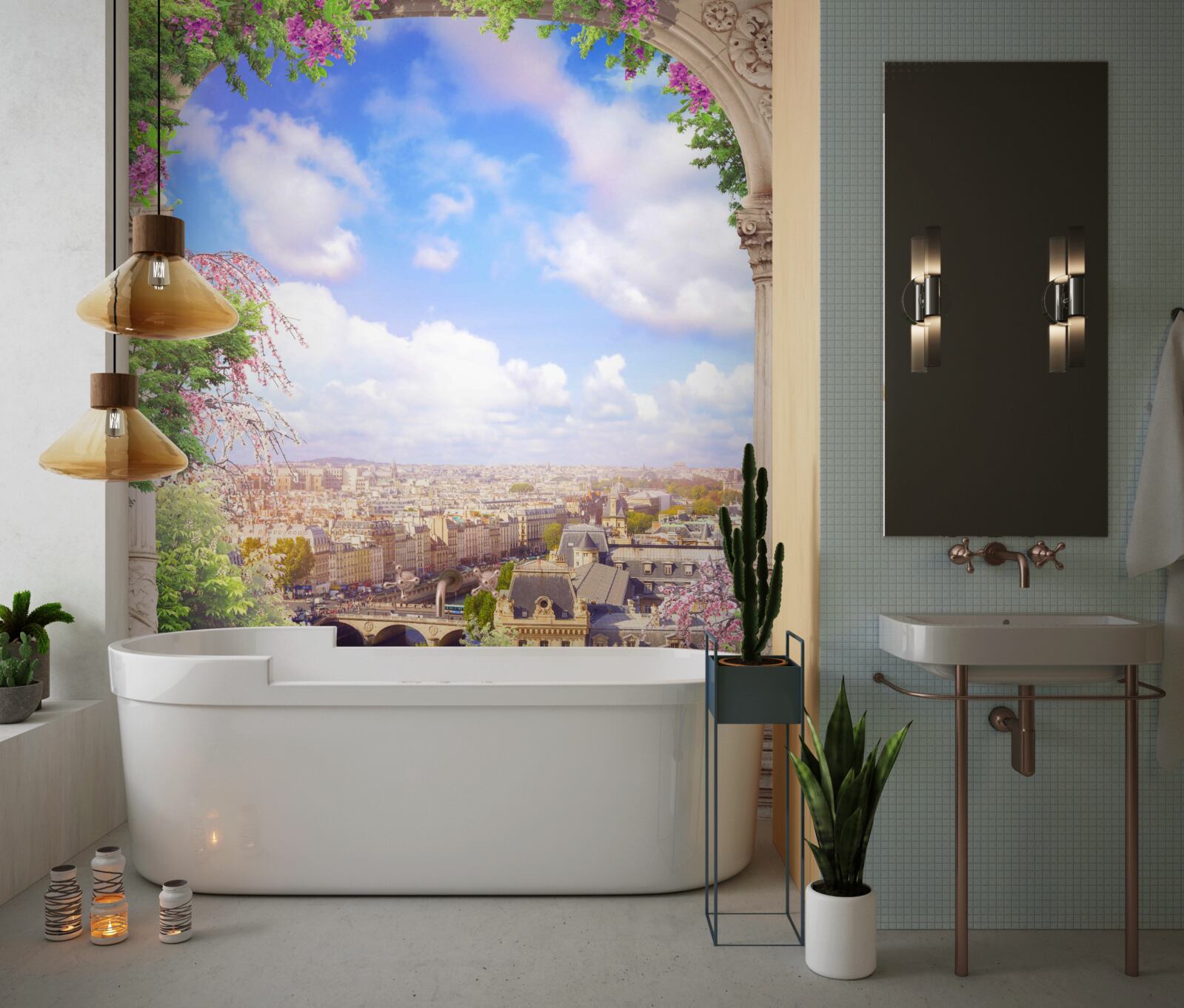 Fototapet panoramă a orașului de la un balcon înflorit