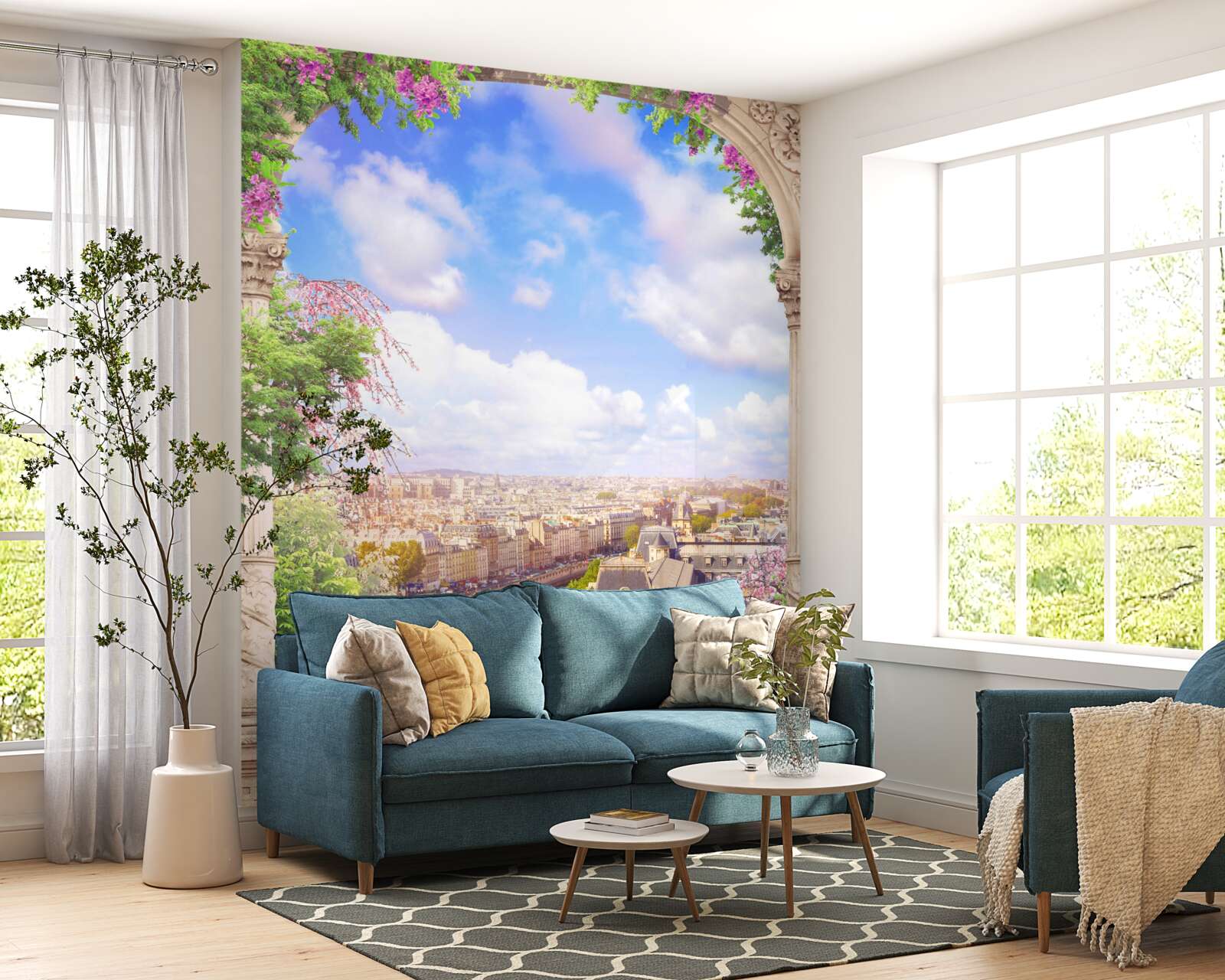 Fototapet panoramă a orașului de la un balcon înflorit