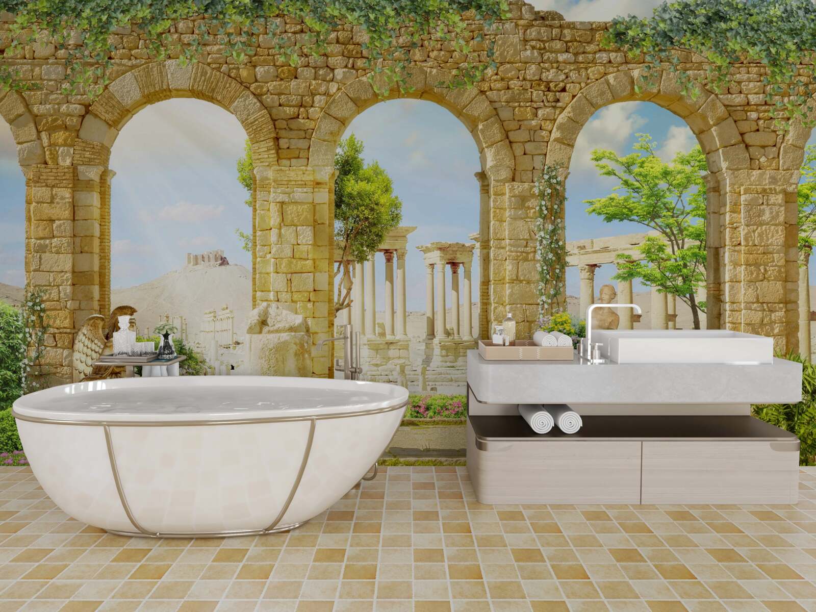 Fototapet forme antice înconjurate de verdeață