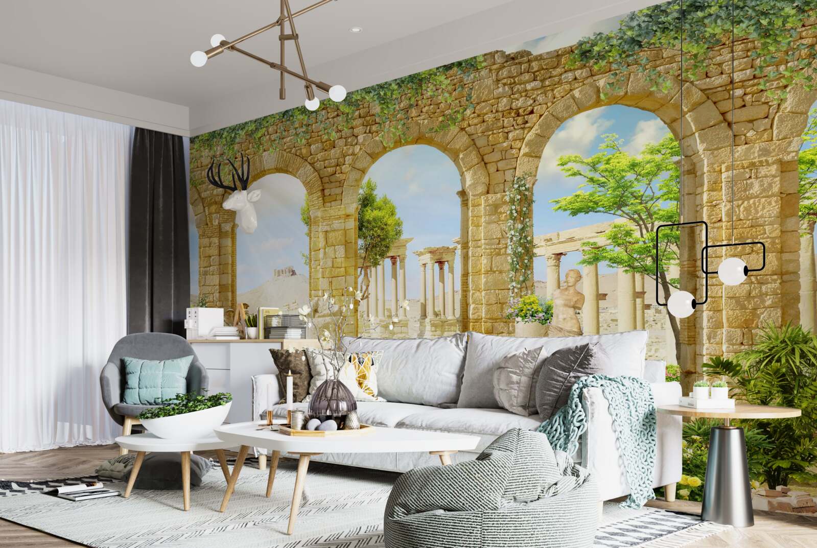 Fototapet forme antice înconjurate de verdeață