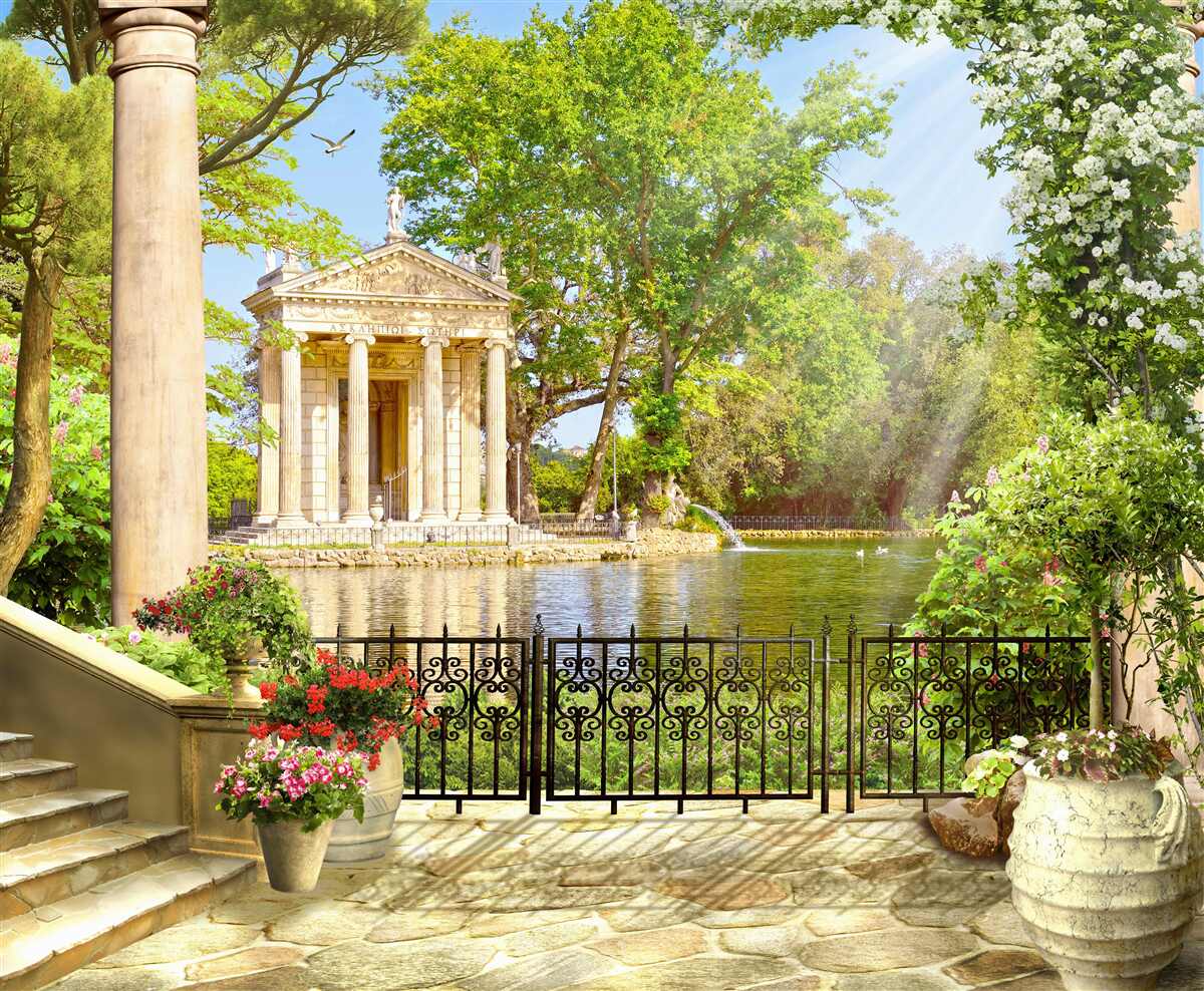 Fototapet panoramă a lacului și a pavilionului