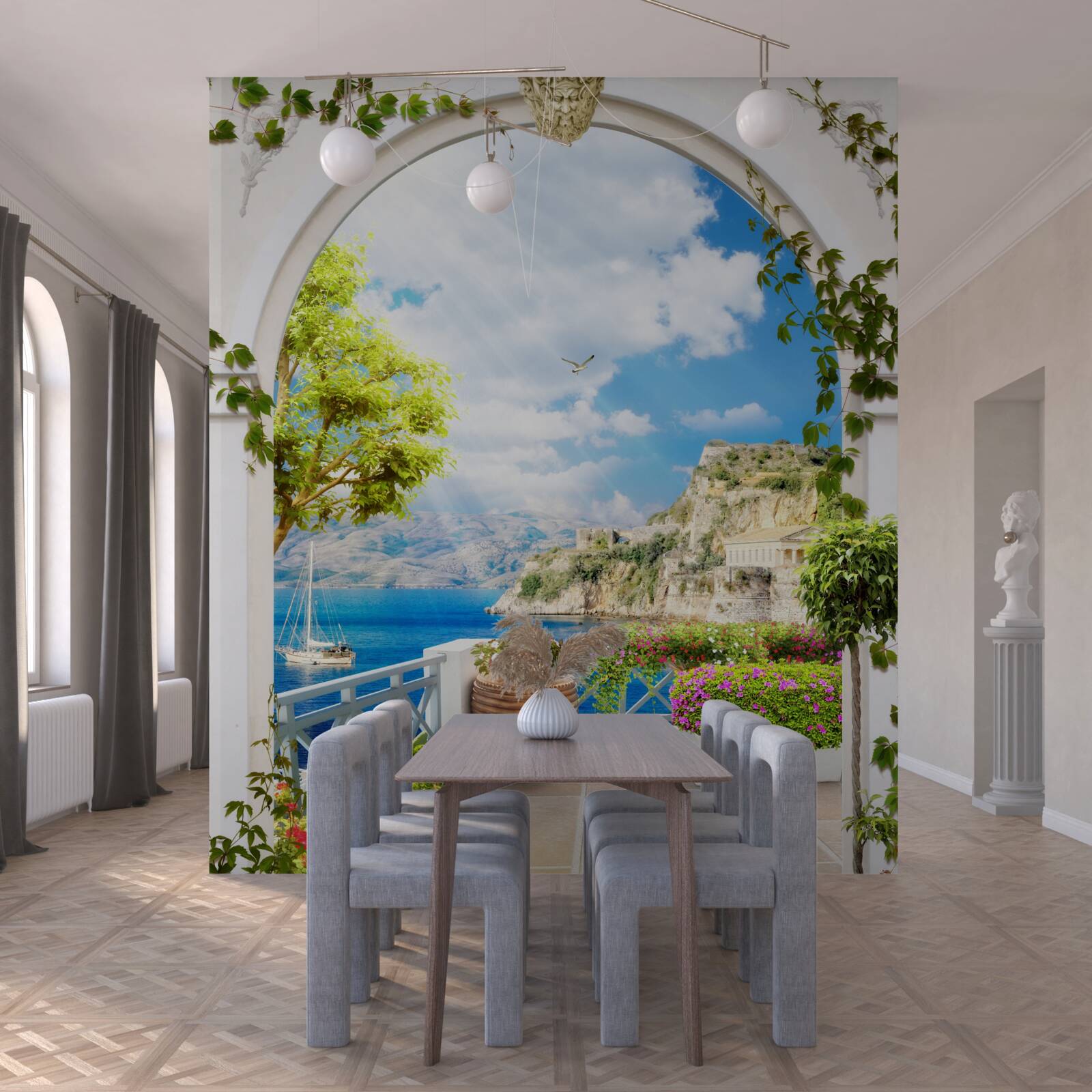 Fototapet fereastră cu vedere la munte și la mare