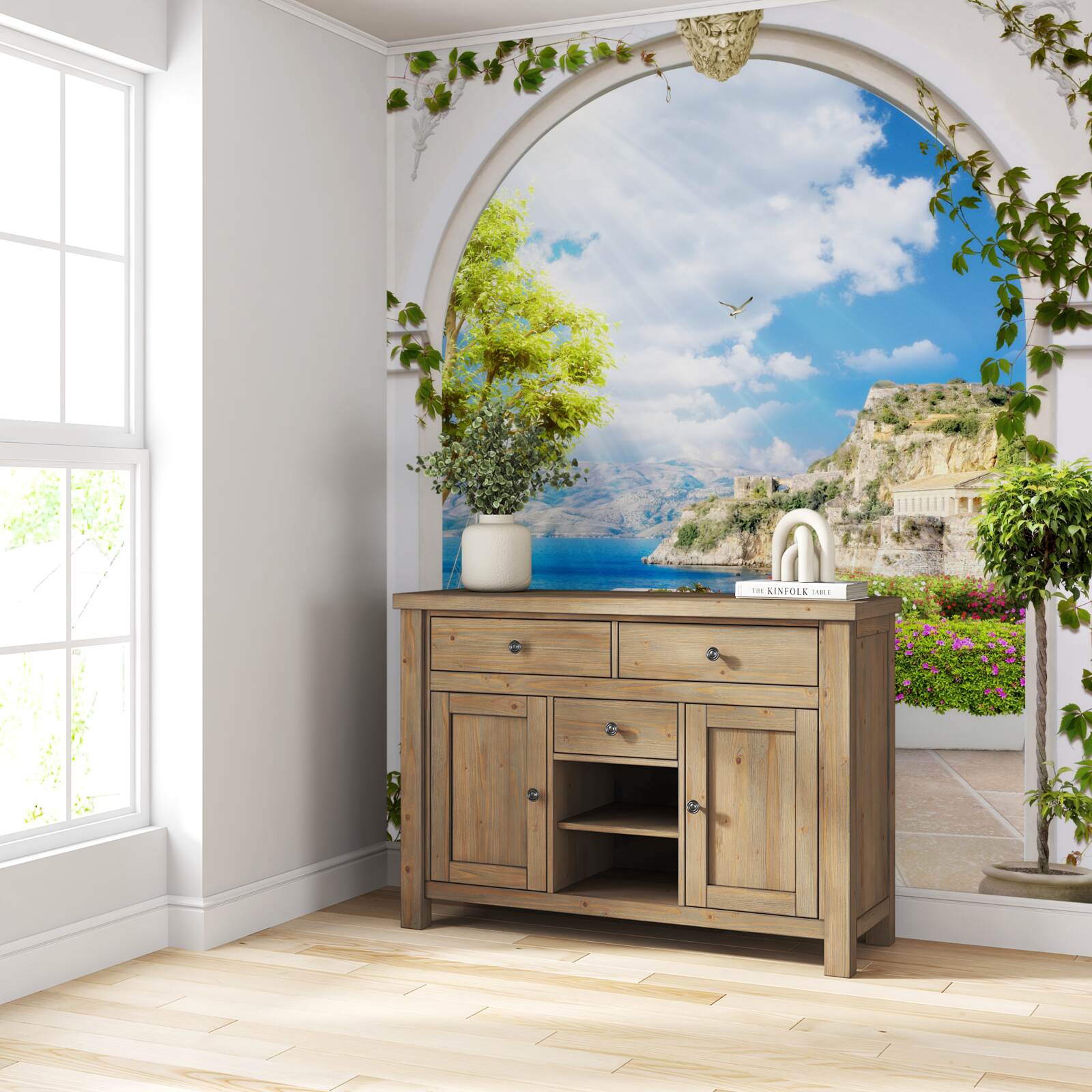 Fototapet fereastră cu vedere la munte și la mare