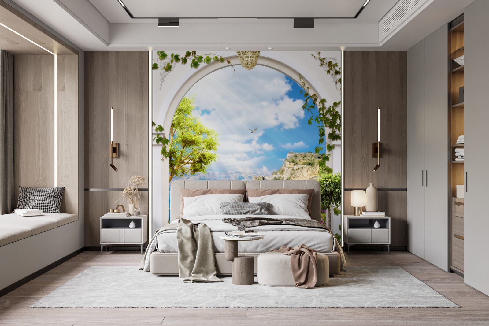 Fototapet fereastră cu vedere la munte și la mare