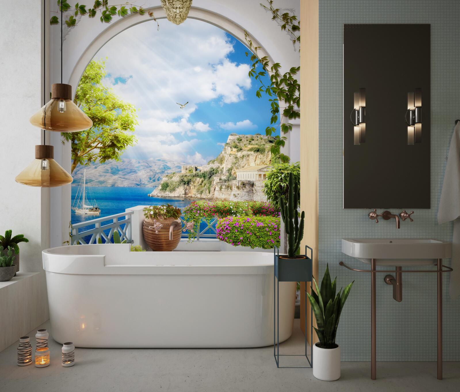 Fototapet fereastră cu vedere la munte și la mare