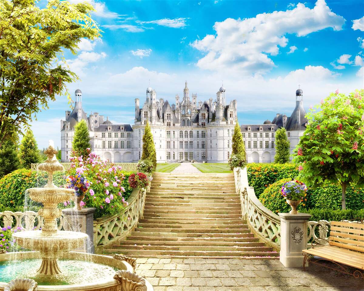 Fototapet trepte care duc la peluza din apropierea castelului