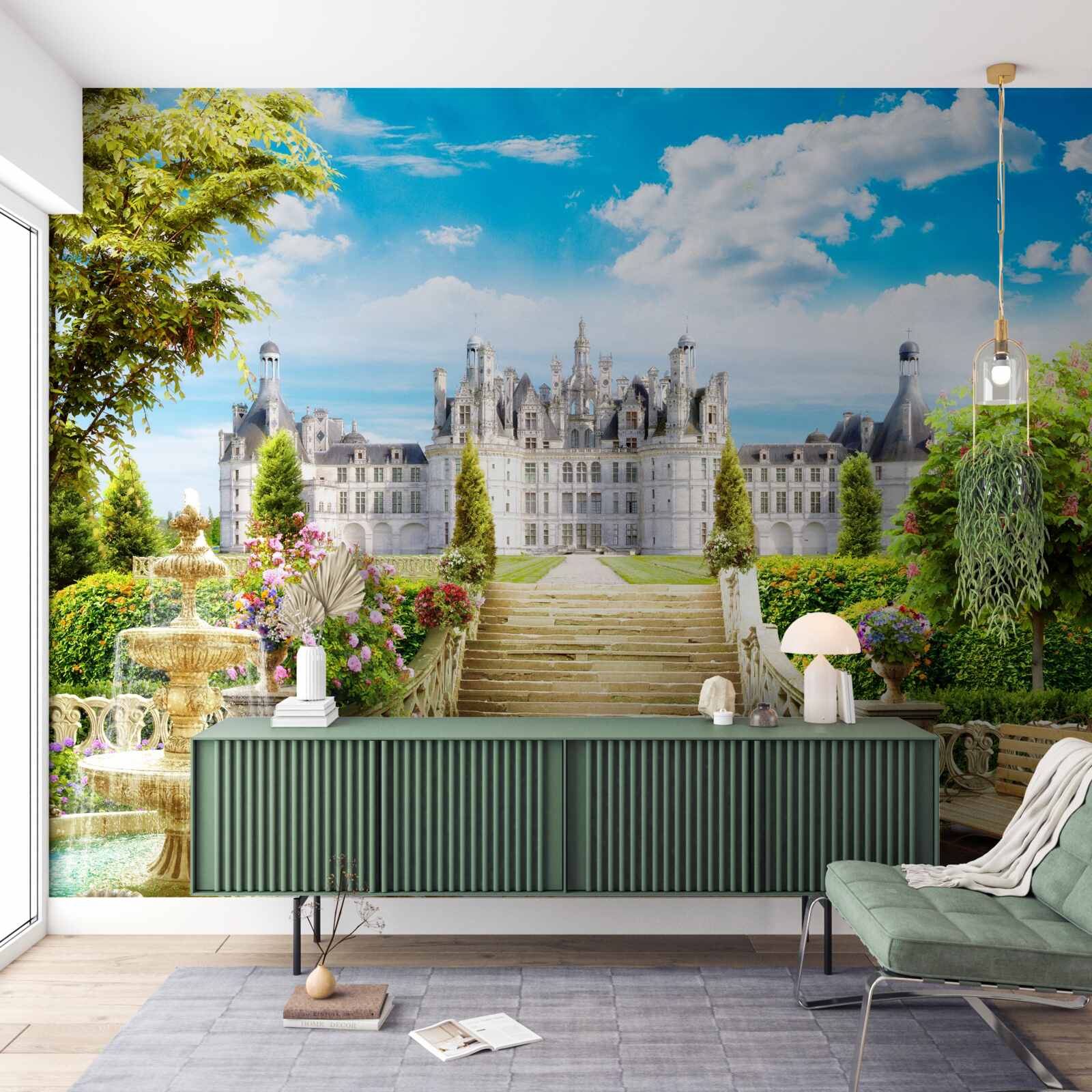 Fototapet trepte care duc la peluza din apropierea castelului