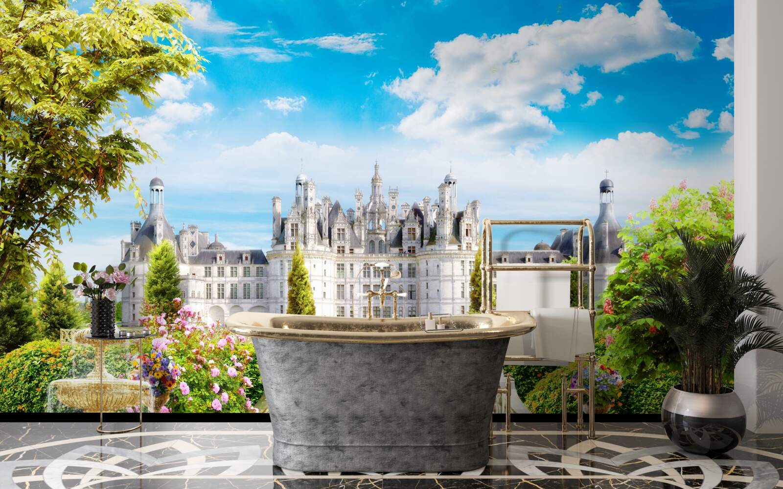 Fototapet trepte care duc la peluza din apropierea castelului